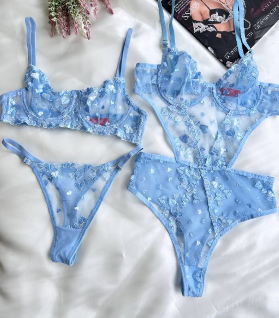 Mavi Balenli Kalp işlemeli Dantelli 2'li Bralet ve Bodysuit Seti