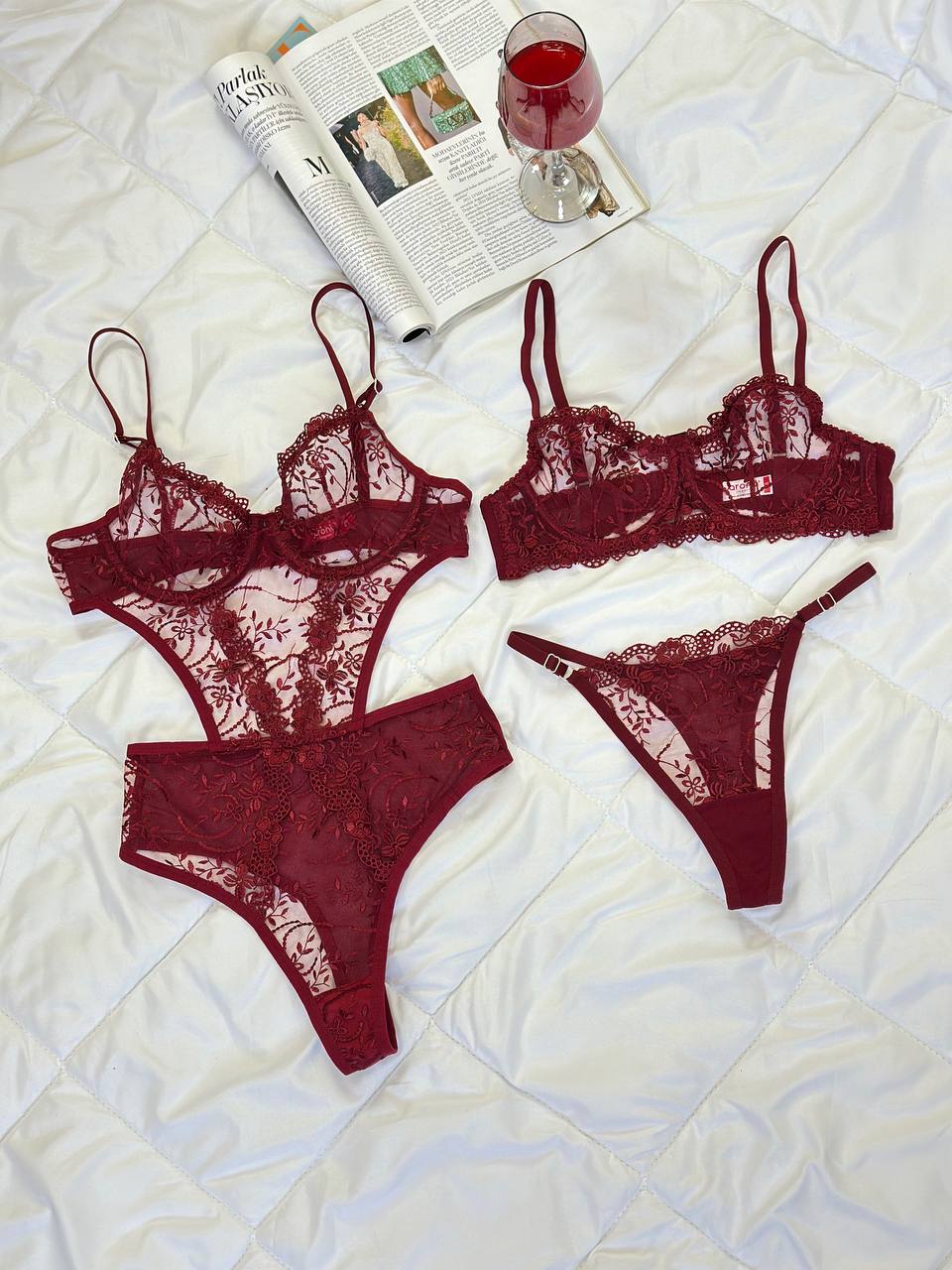 Privée Bordo Balenli Transparan 2'li Bralet takım ve Bodysuit Set