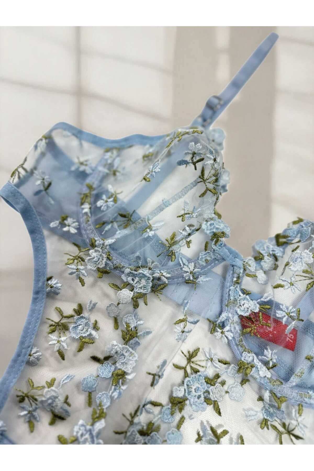 privée élora mavi balenli çiçekli bodysuit