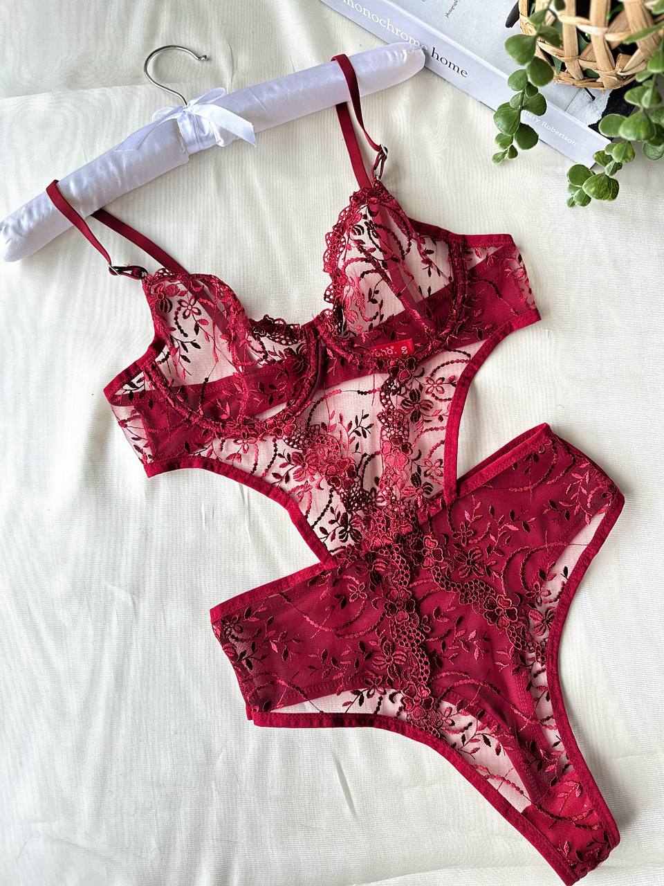 Privée Bordo Balenli Transparan 2'li Bralet takım ve Bodysuit Set
