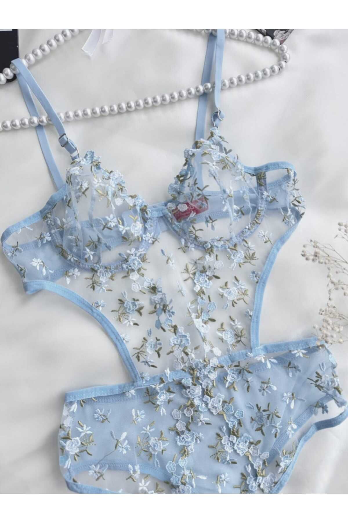 privée élora mavi balenli çiçekli bodysuit