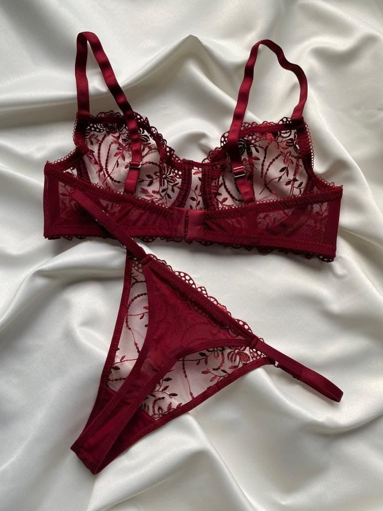 Privée Bordo Balenli Transparan 2'li Bralet takım ve Bodysuit Set