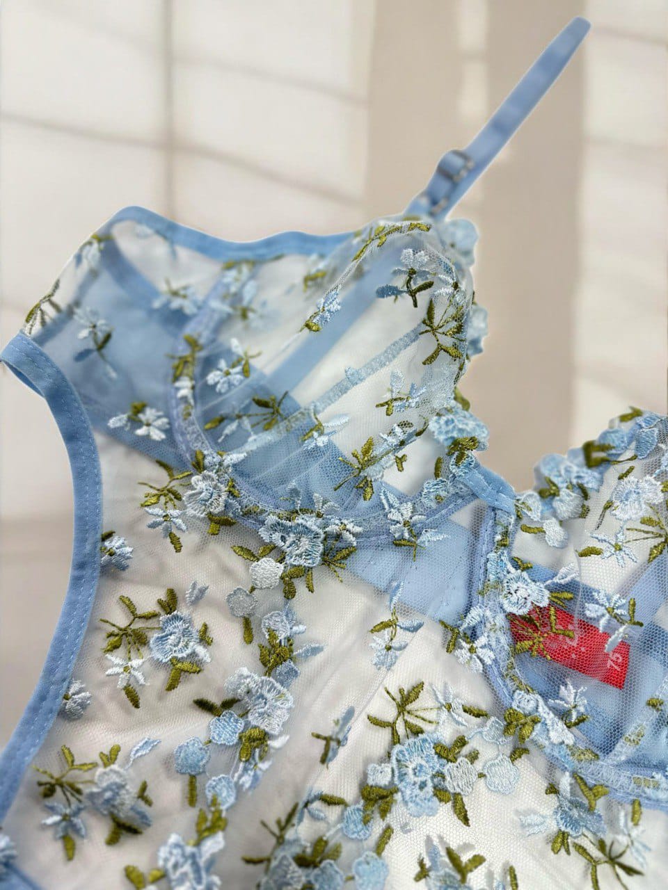 Mavi Balenli Dantelli Çiçek İşlemeli 2'li Bralet ve Bodysuit Set