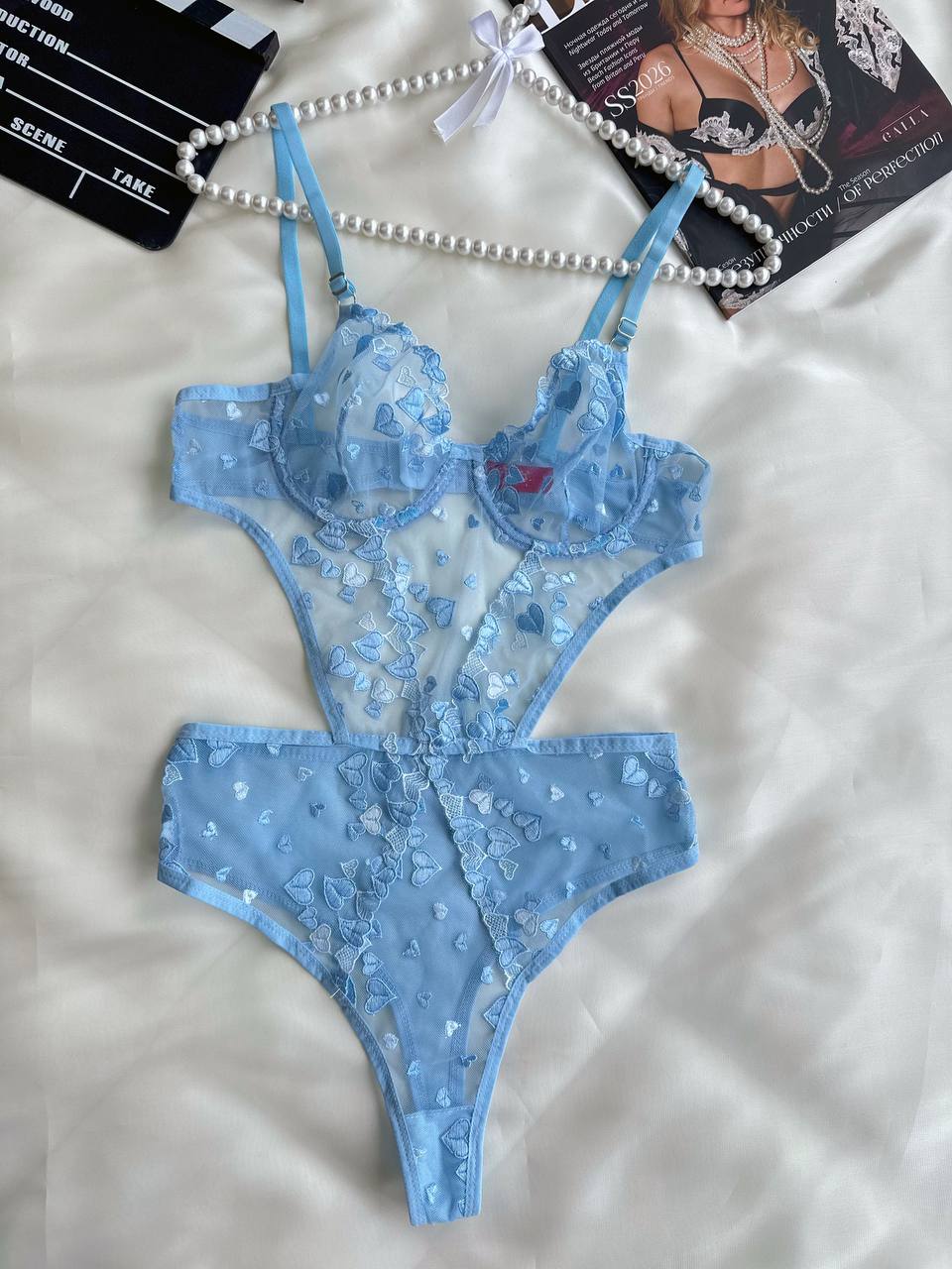 Mavi Balenli Kalp işlemeli Dantelli 2'li Bralet ve Bodysuit Seti