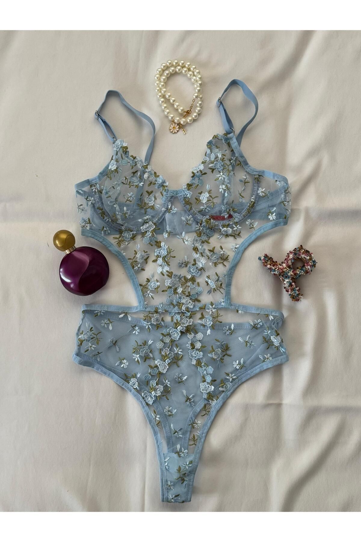 privée élora mavi balenli çiçekli bodysuit