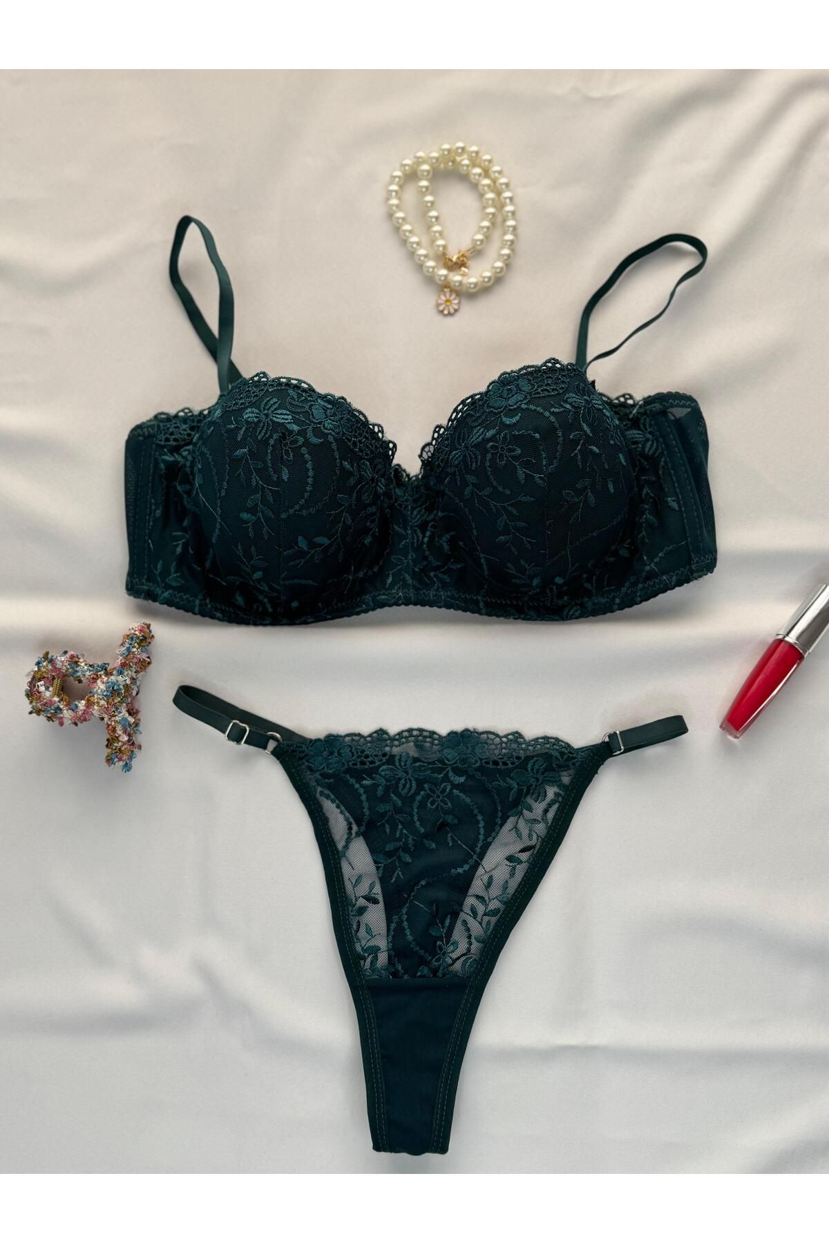 Privée Émeraude Zümrüt Yeşili Balenli Dantelli Bralet Takım