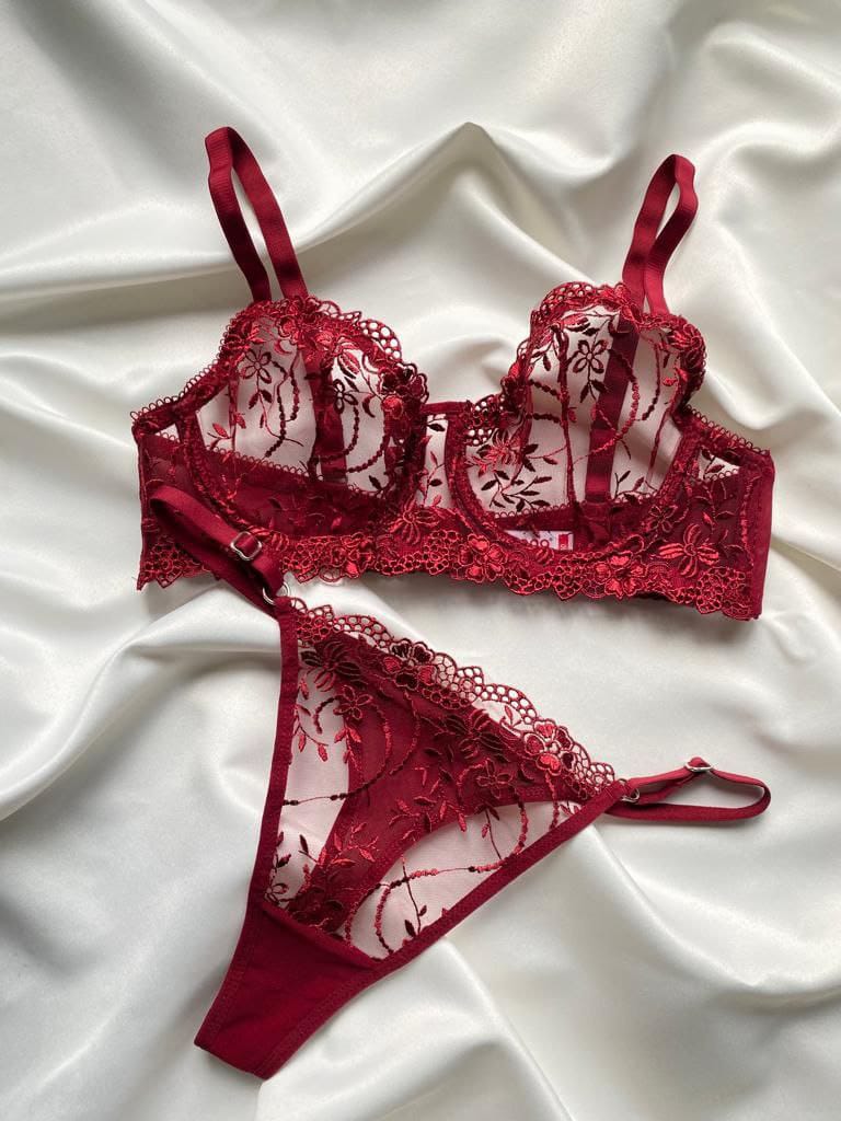 Privée Bordo Balenli Transparan 2'li Bralet takım ve Bodysuit Set