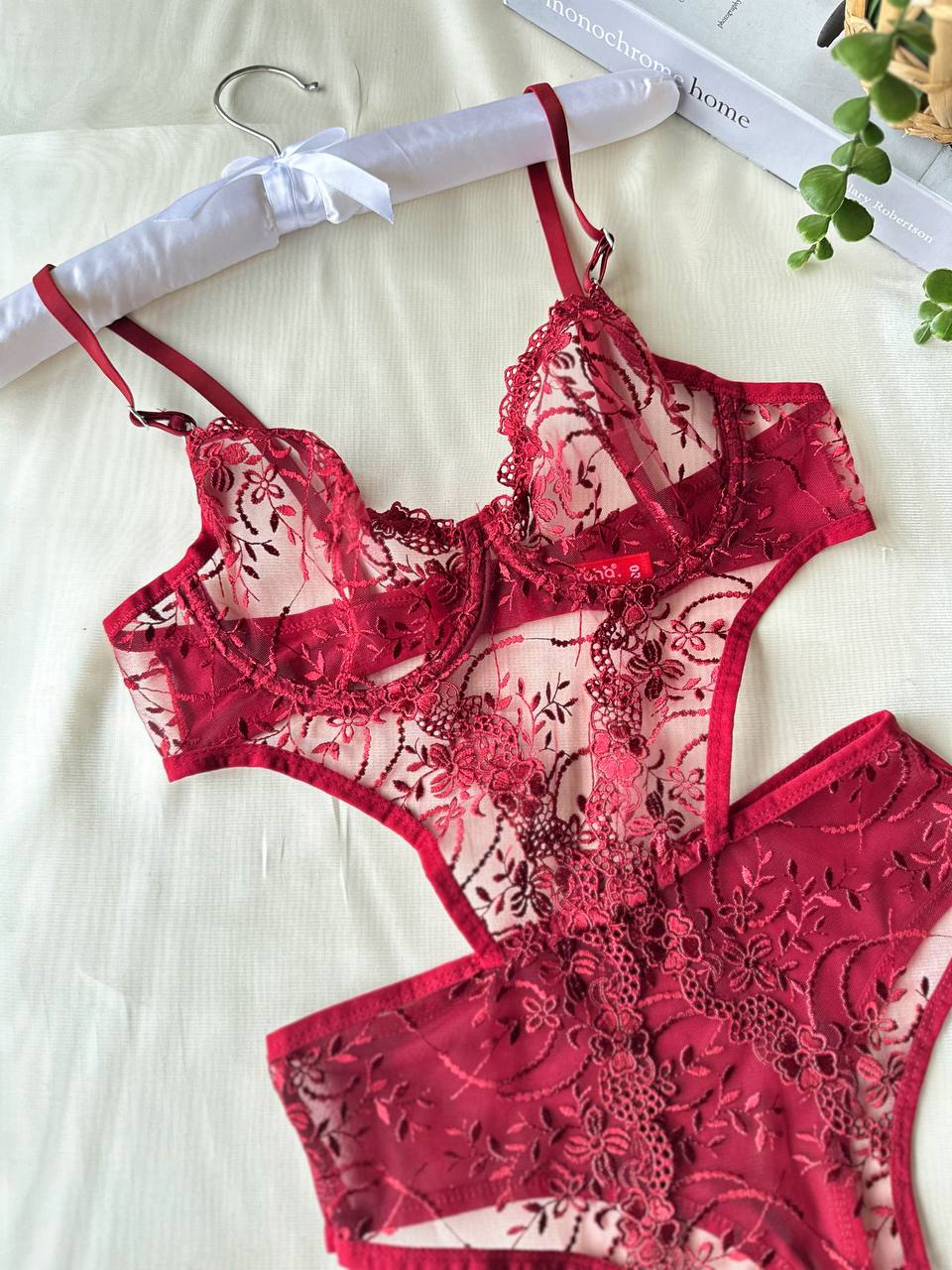 Privée Bordo Balenli Transparan 2'li Bralet takım ve Bodysuit Set