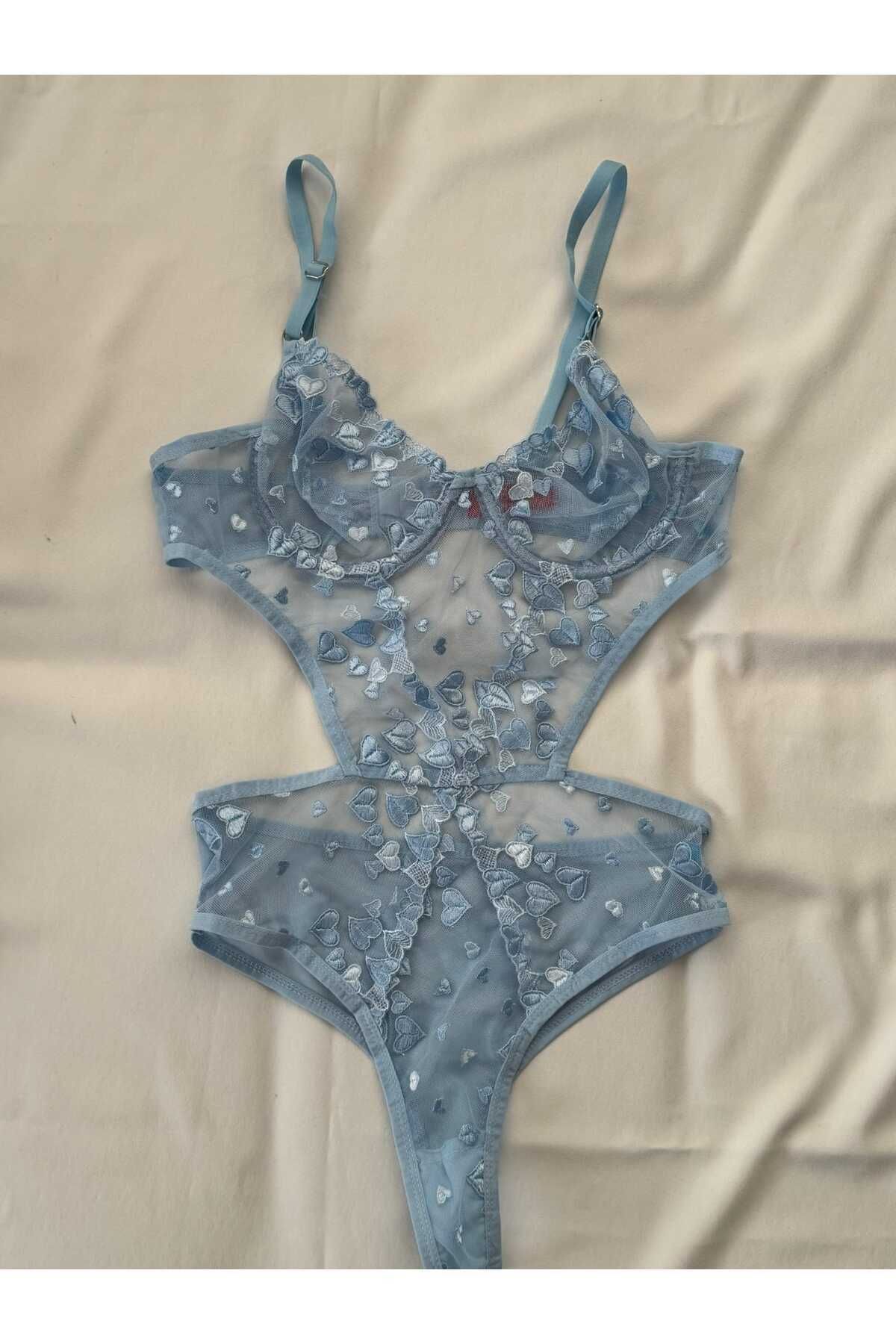 privée Heavenly Mavi Kalpli Transparan Balenli Dantelli Bodysuit