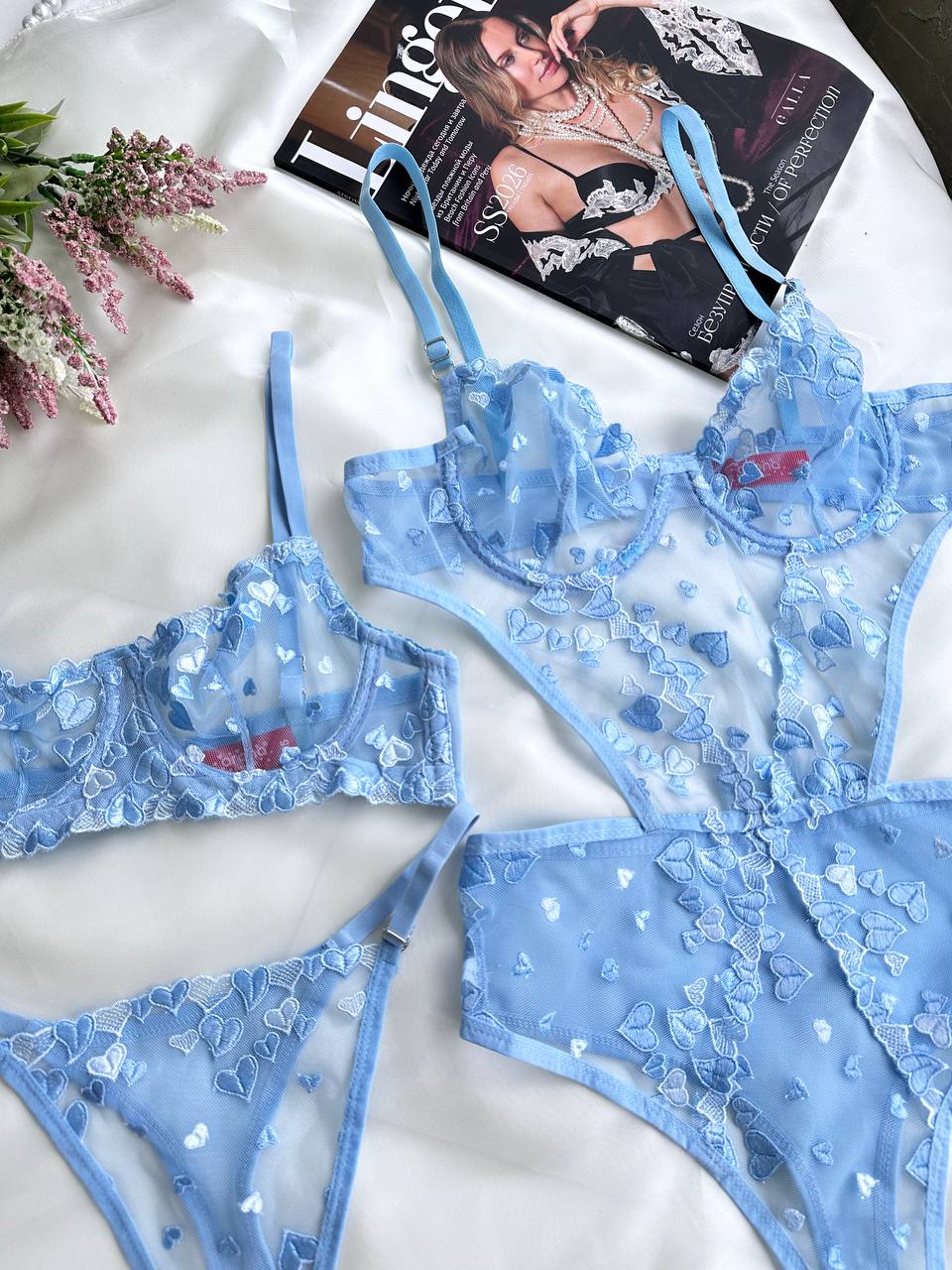 Mavi Balenli Kalp işlemeli Dantelli 2'li Bralet ve Bodysuit Seti