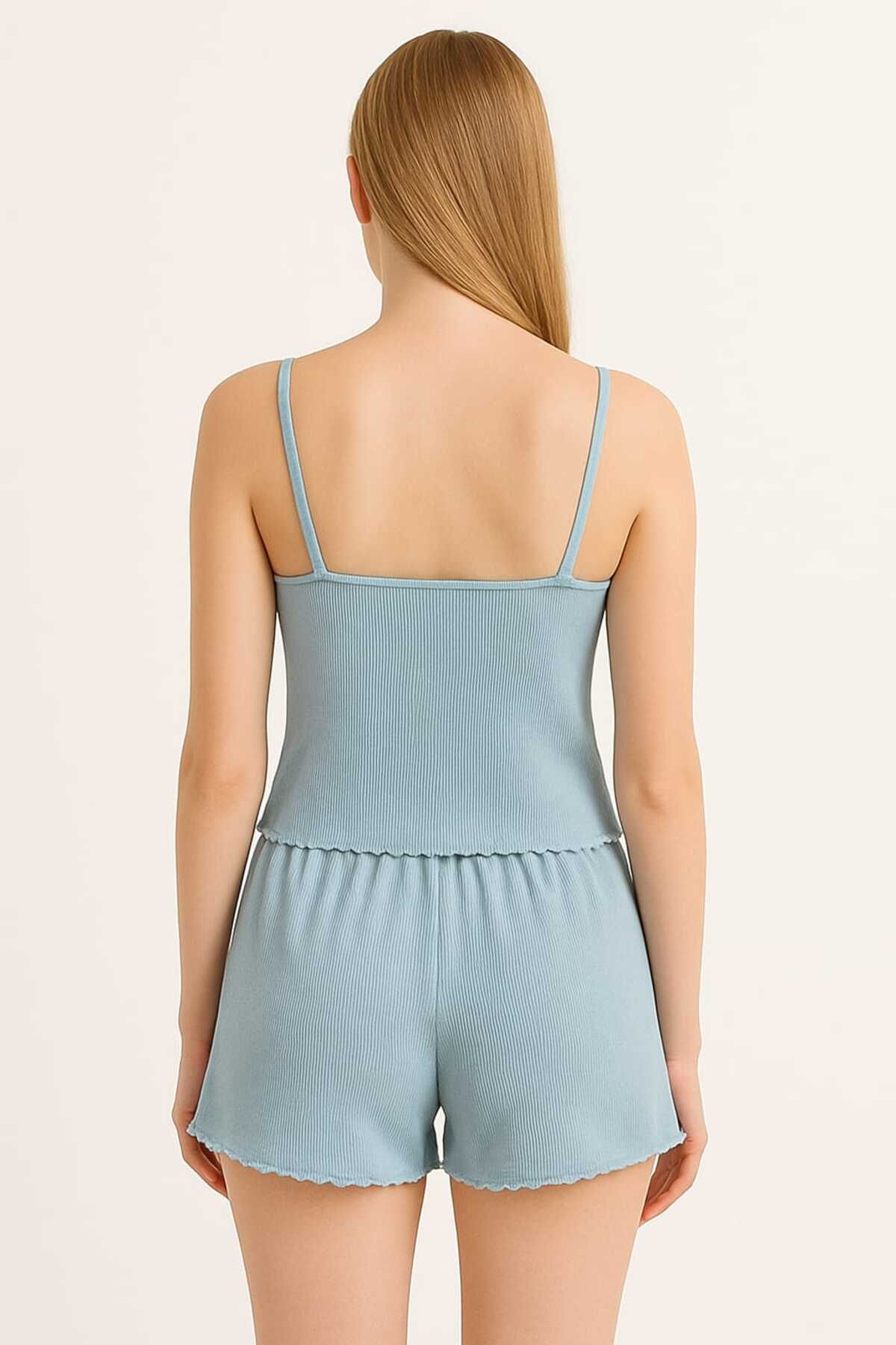 Mavi Fiyonk Detaylı Askılı Şortlu Pamuklu Pijama Takımı