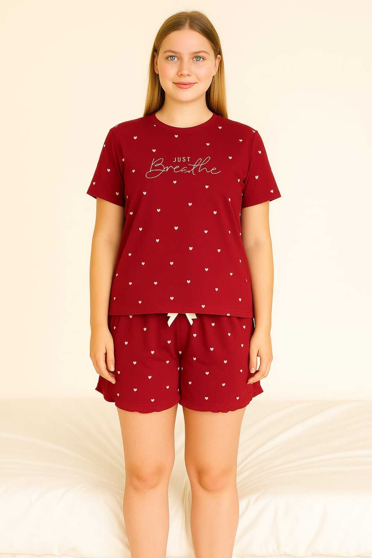 Kalp Desenli Kırmızı Kısa Kollu Şortlu Pijama Takımı