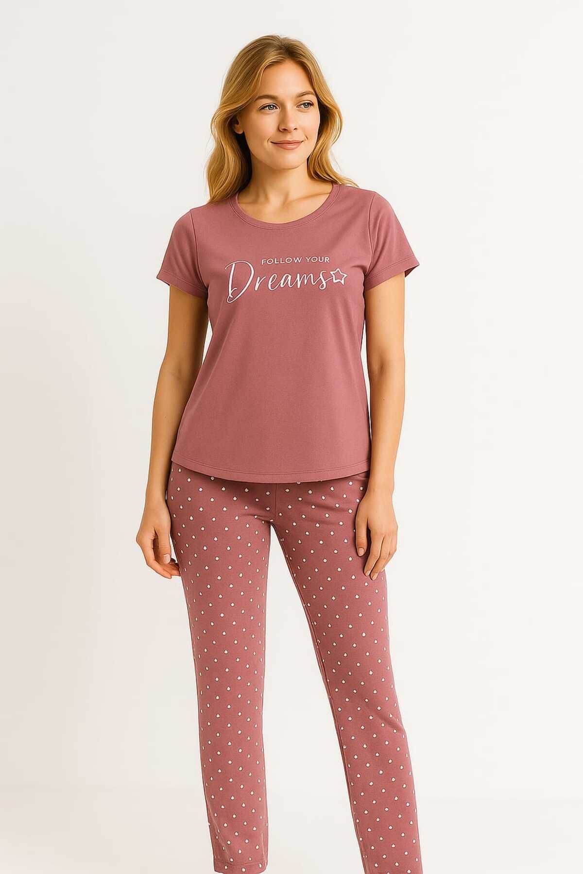 Pembe Renkli Baskılı Puantiyeli Uzun Pijama Takımı