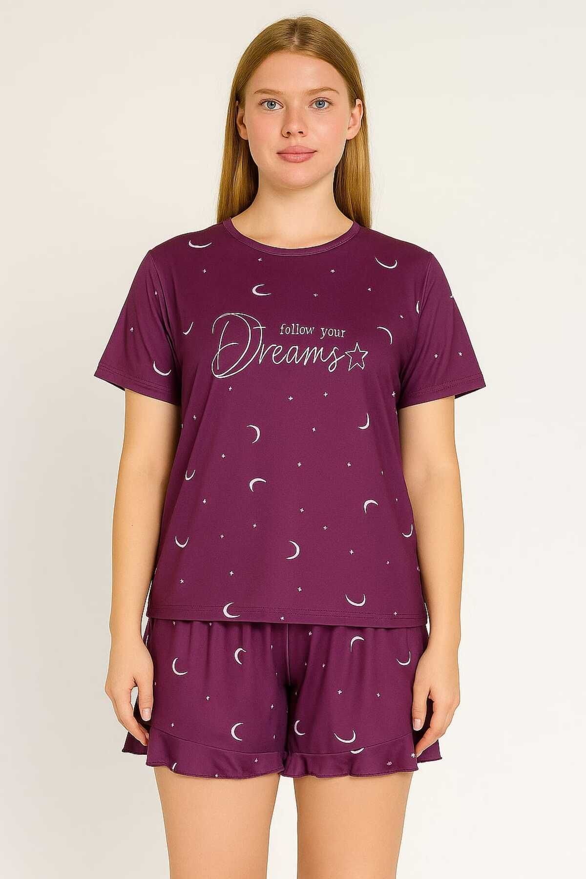 Mor Ay Desenli Kısa Kollu Şortlu Pijama Takımı
