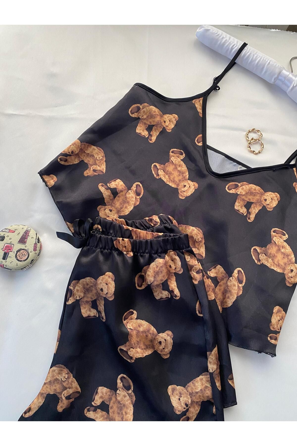 Ayıcık Desenli Askılı Şortlu Pijama Takımı - Siyah