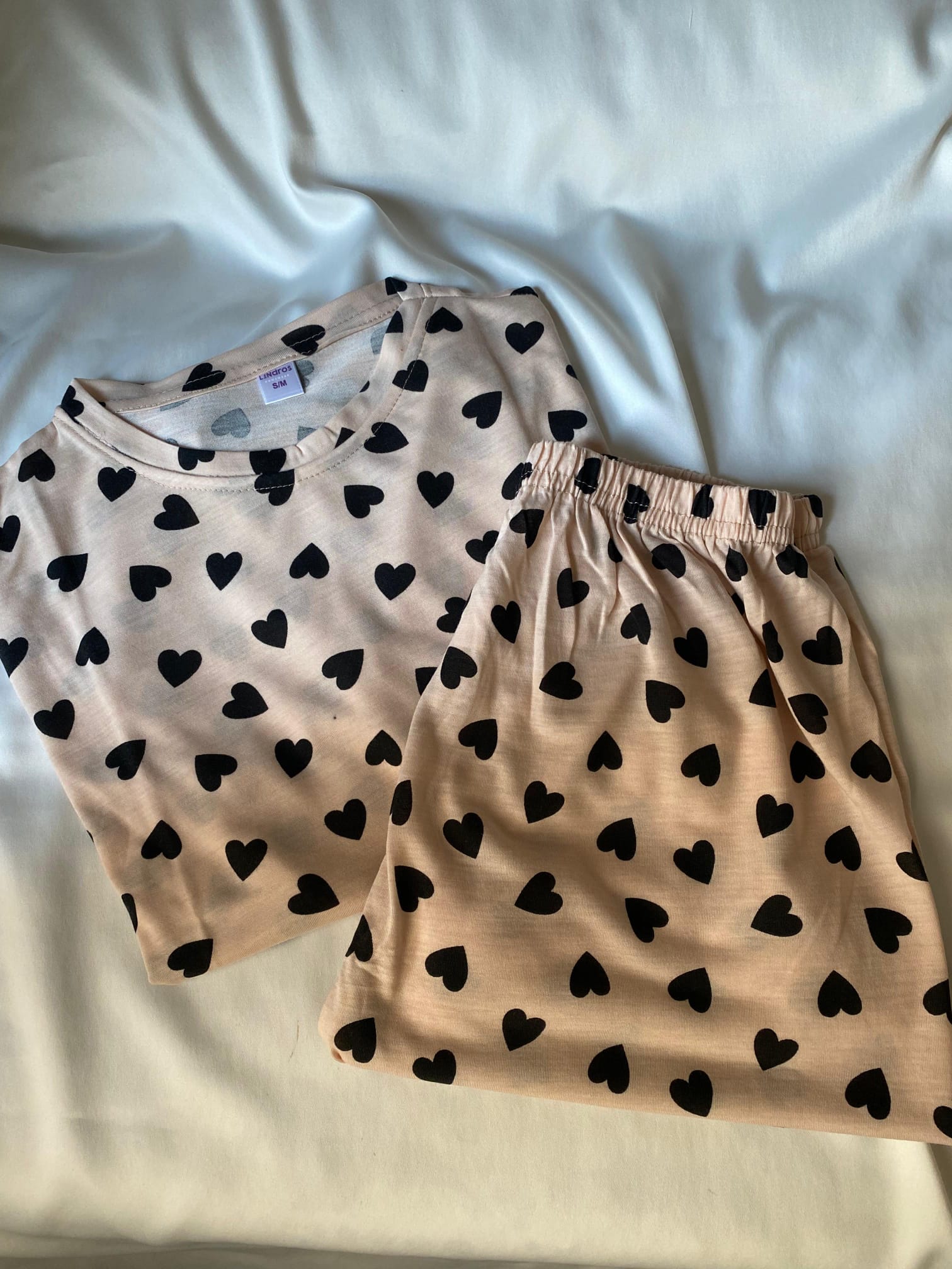  Siyah Kalp Desenli Kısa Kollu Şortlu Kadın Pijama Takımı