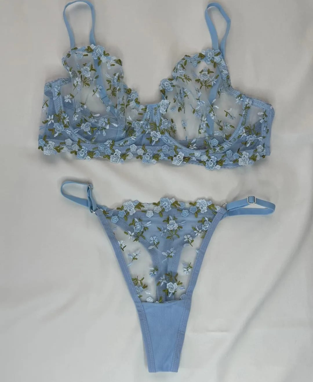 Mavi Balenli Dantelli Çiçek İşlemeli 2'li Bralet ve Bodysuit Set