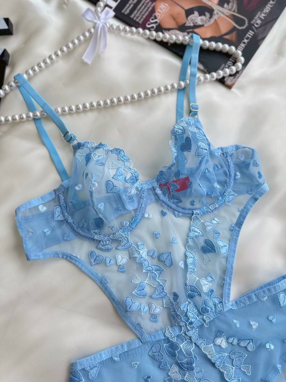 Mavi Balenli Kalp işlemeli Dantelli 2'li Bralet ve Bodysuit Seti