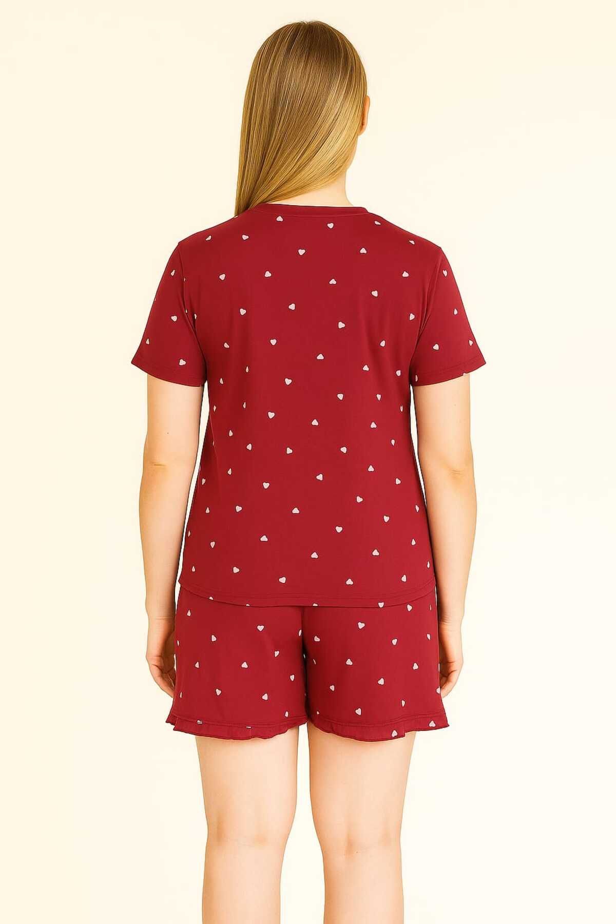 Kalp Desenli Kırmızı Kısa Kollu Şortlu Pijama Takımı
