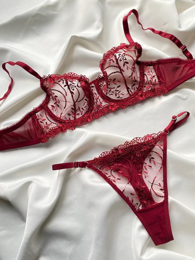 Privée Bordo Balenli Transparan 2'li Bralet takım ve Bodysuit Set