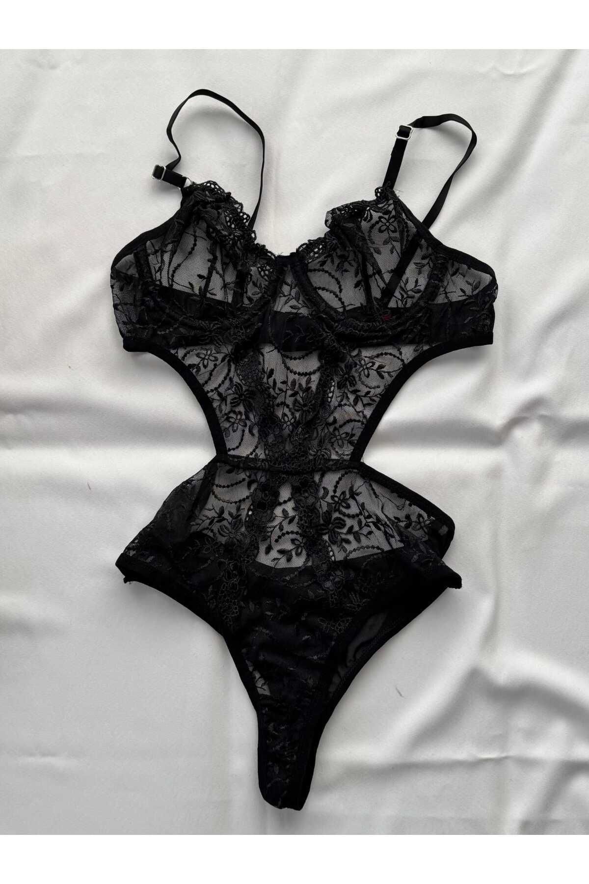 Privée Eclipse Siyah Balenli Dantelli Bodysuit