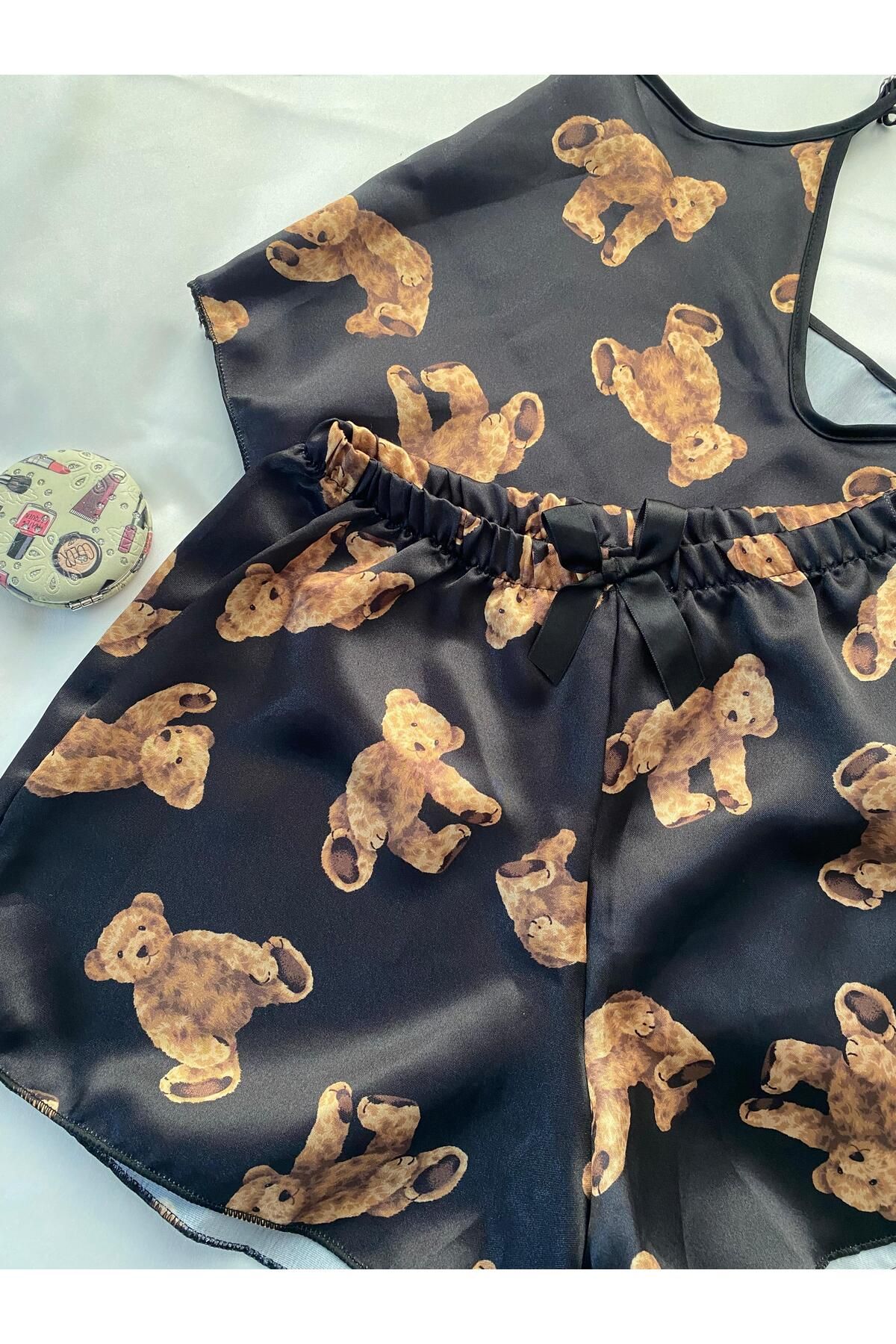 Ayıcık Desenli Askılı Şortlu Pijama Takımı - Siyah