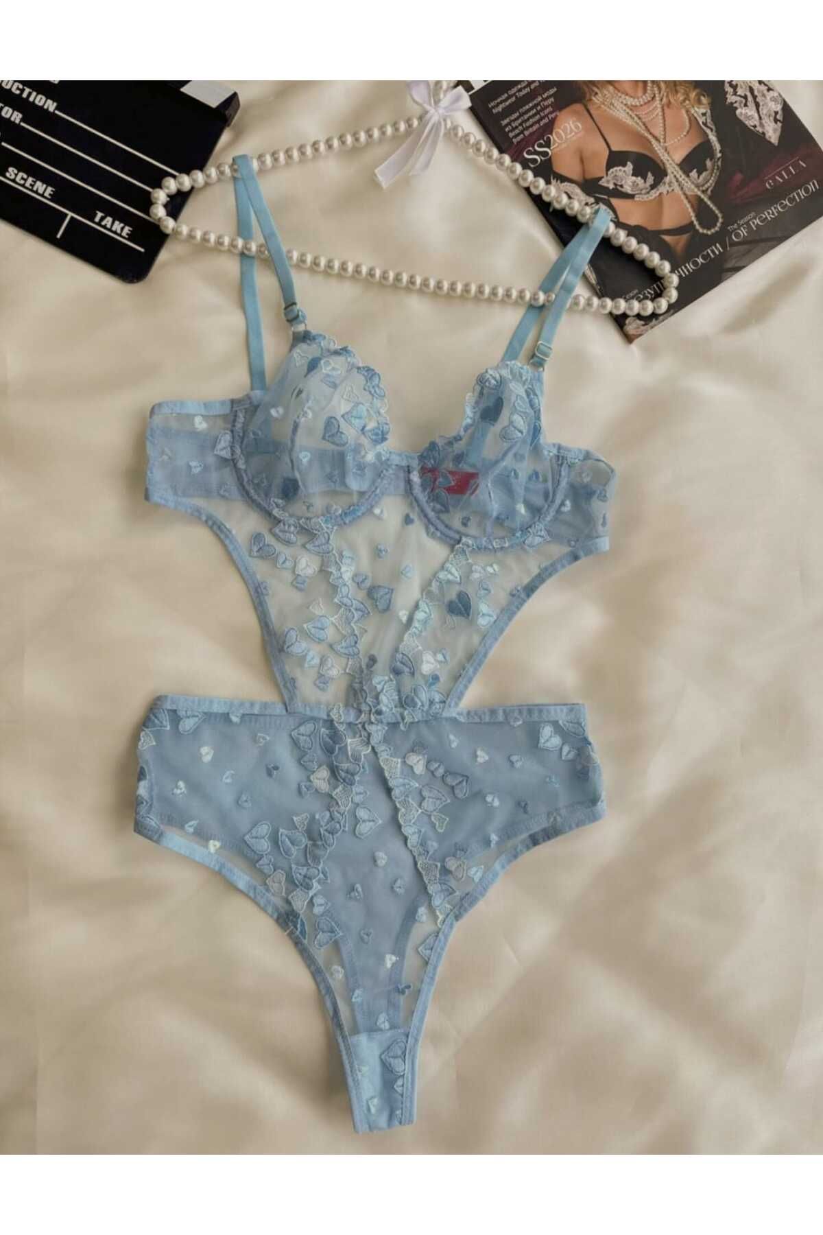 privée Heavenly Mavi Kalpli Transparan Balenli Dantelli Bodysuit