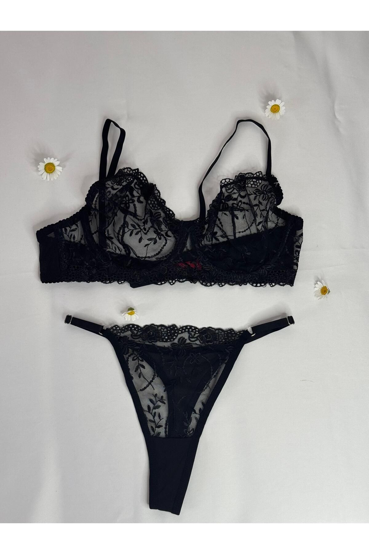 privée siyah balenli dantelli tül bralet takımı