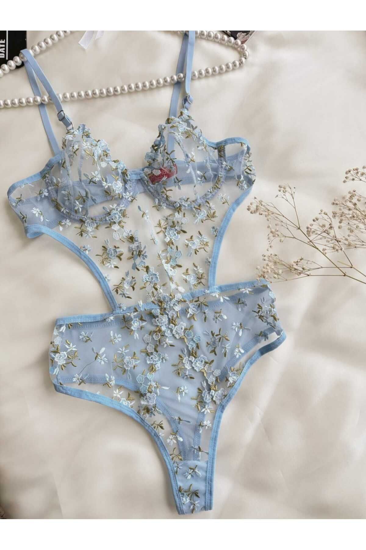 privée élora mavi balenli çiçekli bodysuit