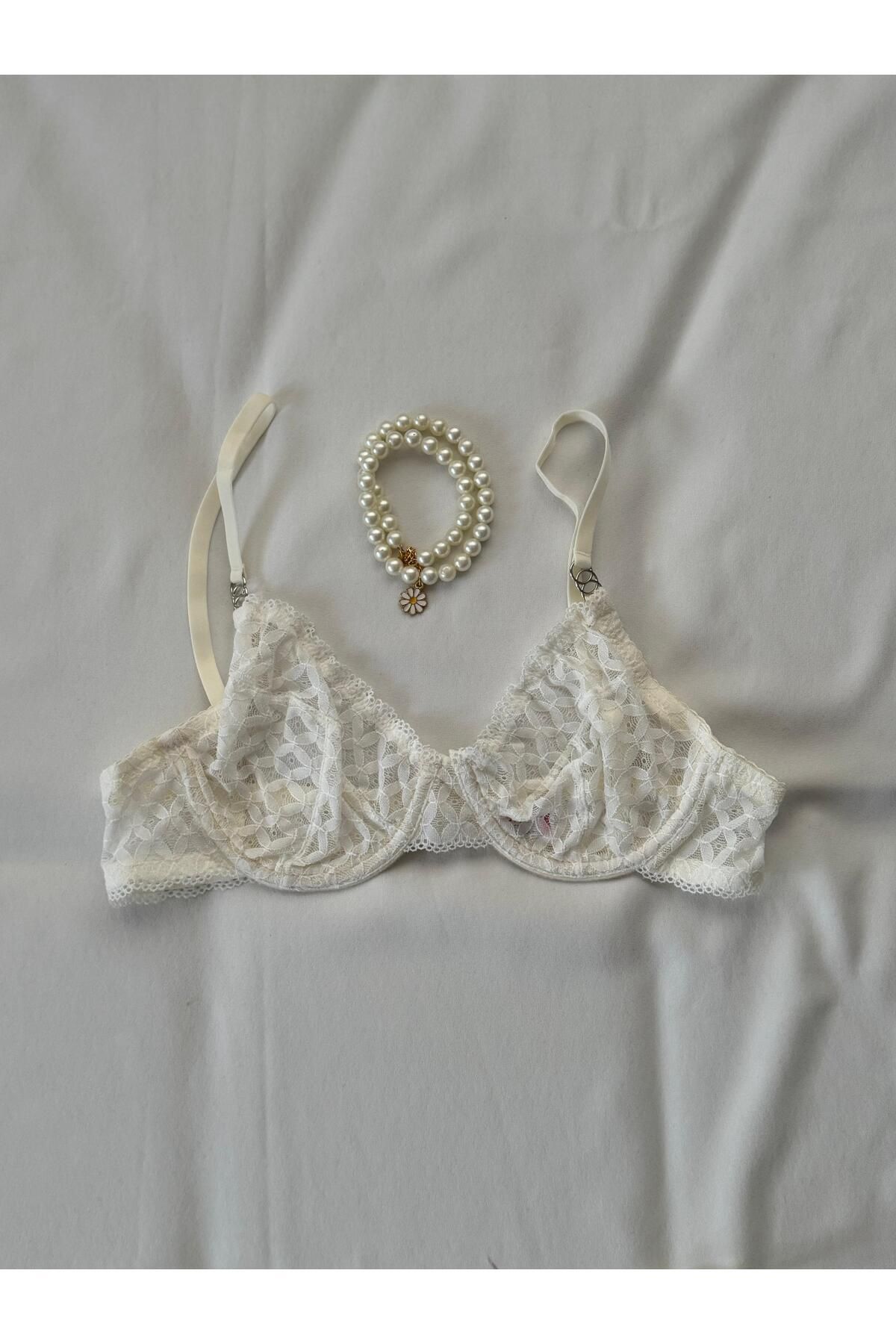 Privée Beyaz Dantelli Balenli Tül Bralet Takımı