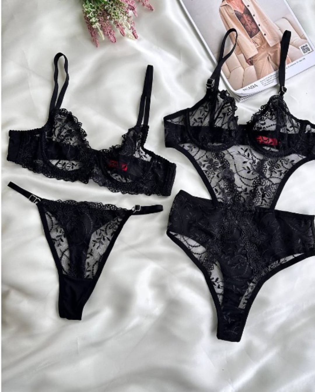Privée Siyah Dantelli Transparan 2'li Bralet ve Bodysuit Set