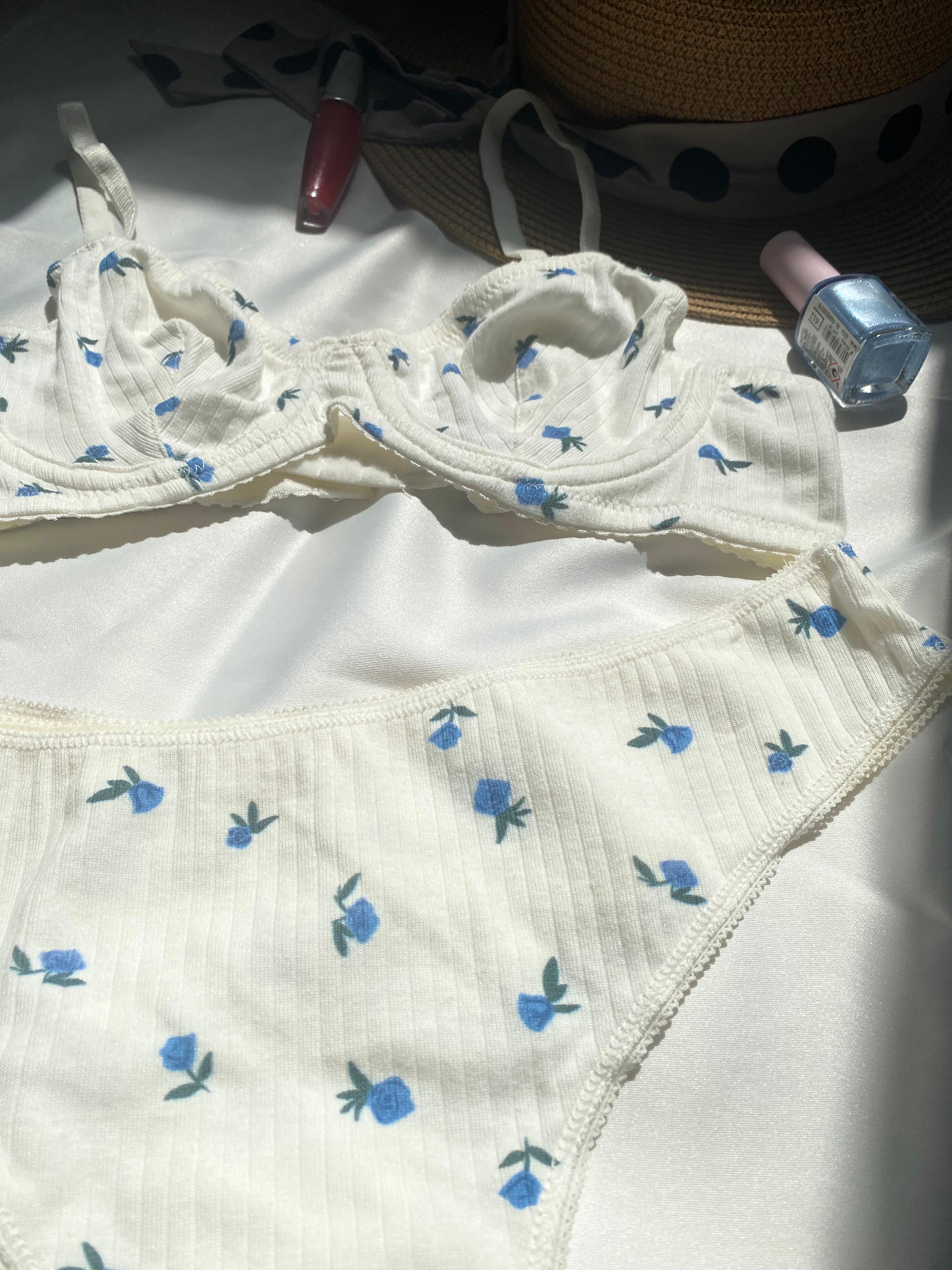 Blue Rose Pamuklu Çiçek Desenli Balenli Sütyen Takımı