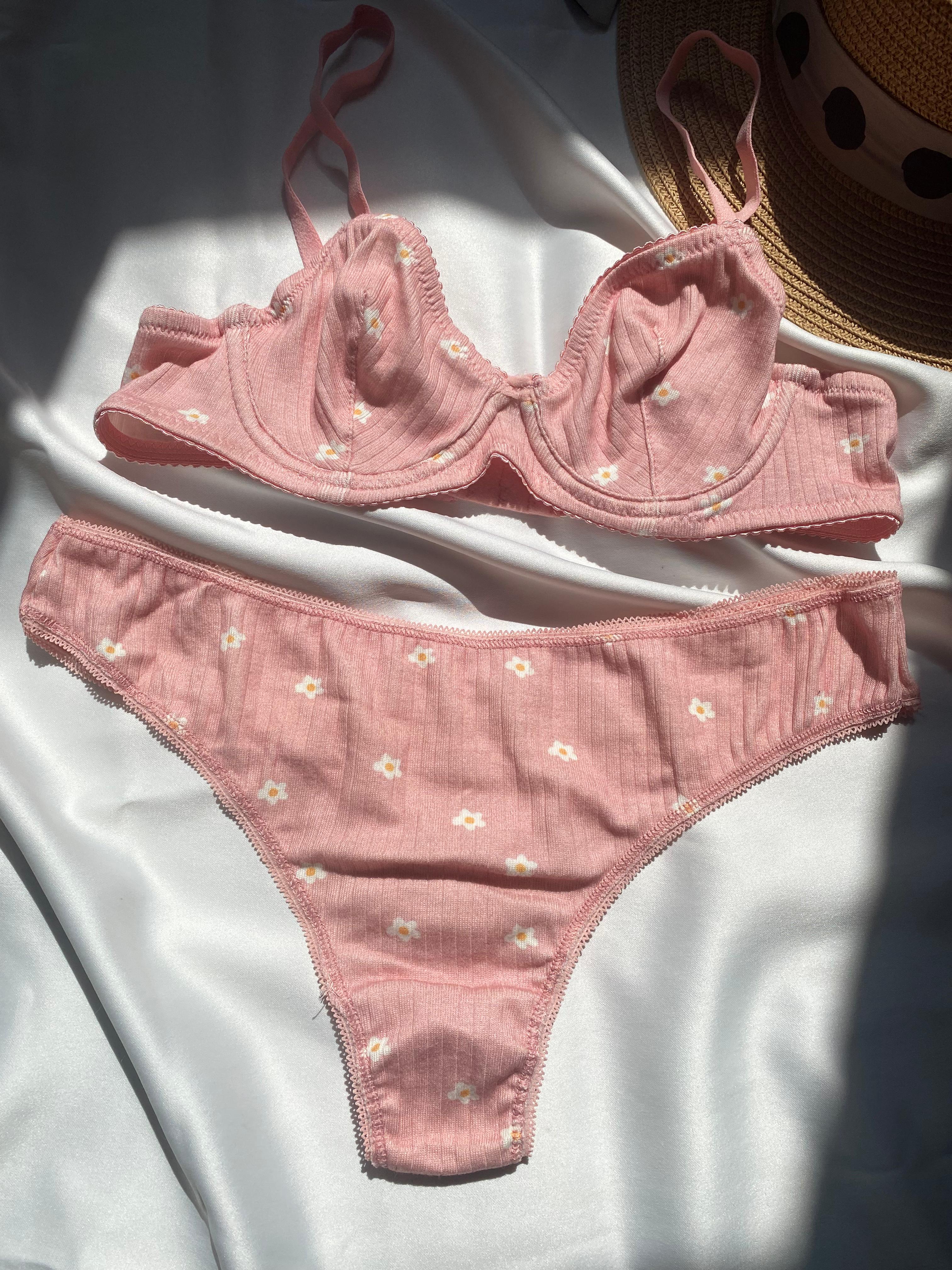Daisy Çiçek Desenli Balenli Pamuklu Pembe Sütyen Takımı