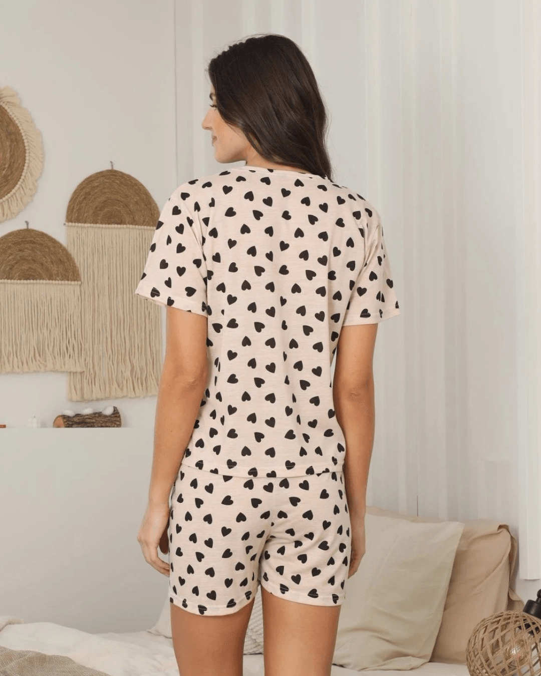  Siyah Kalp Desenli Kısa Kollu Şortlu Kadın Pijama Takımı