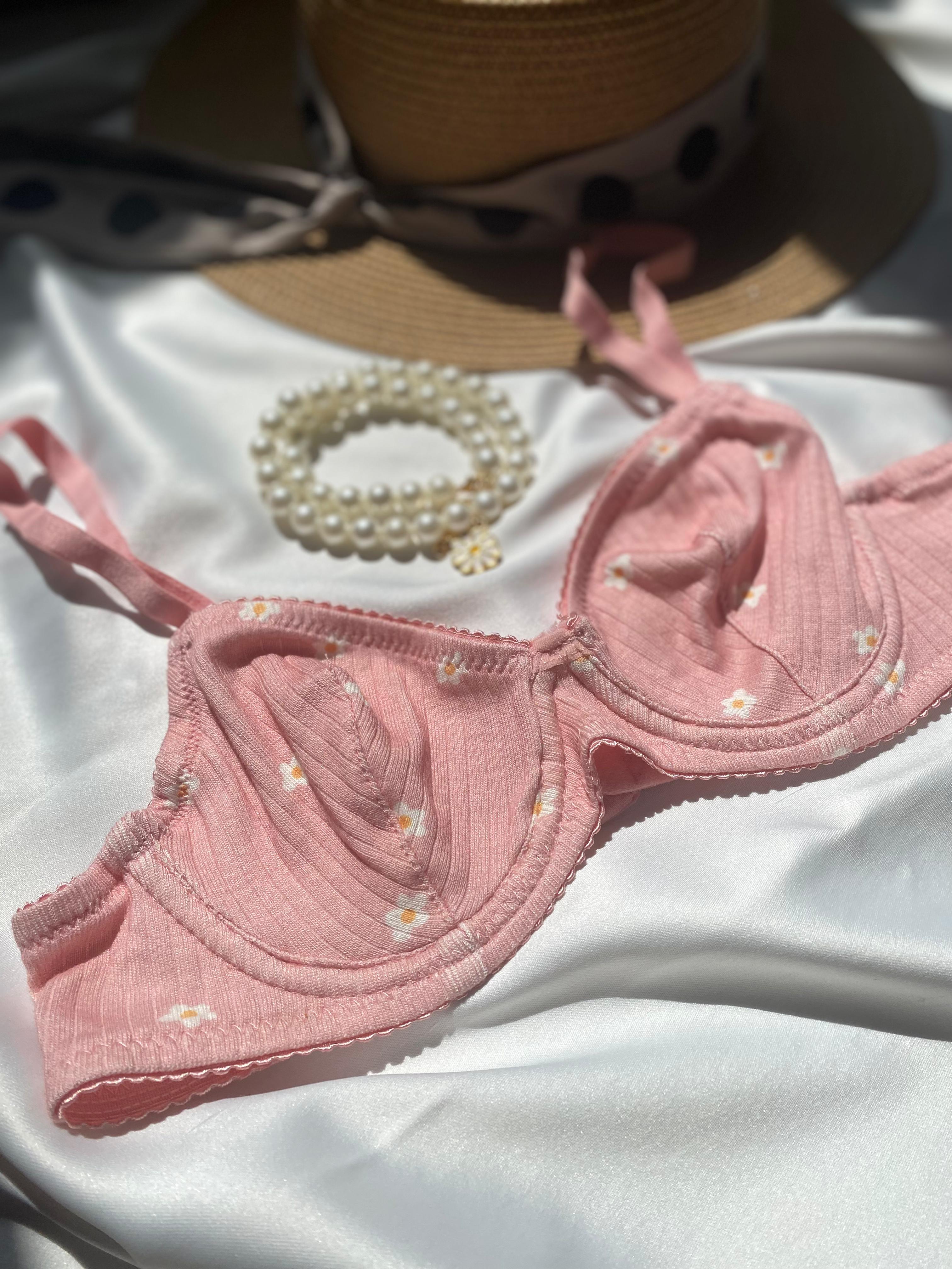 Daisy Çiçek Desenli Balenli Pamuklu Pembe Sütyen Takımı