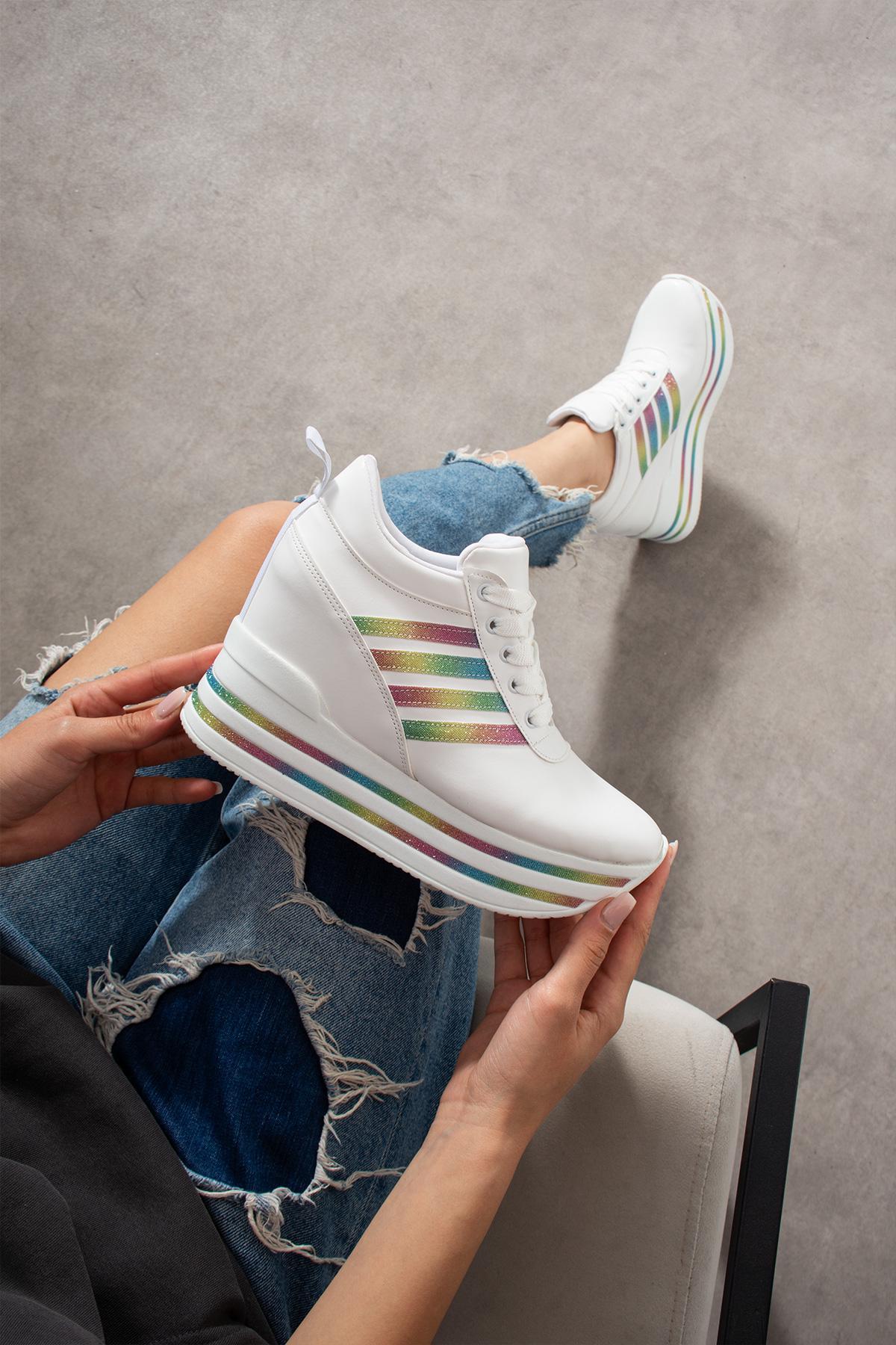 Luvena Beyaz Gizli Topuklu Spor Ayakkabı