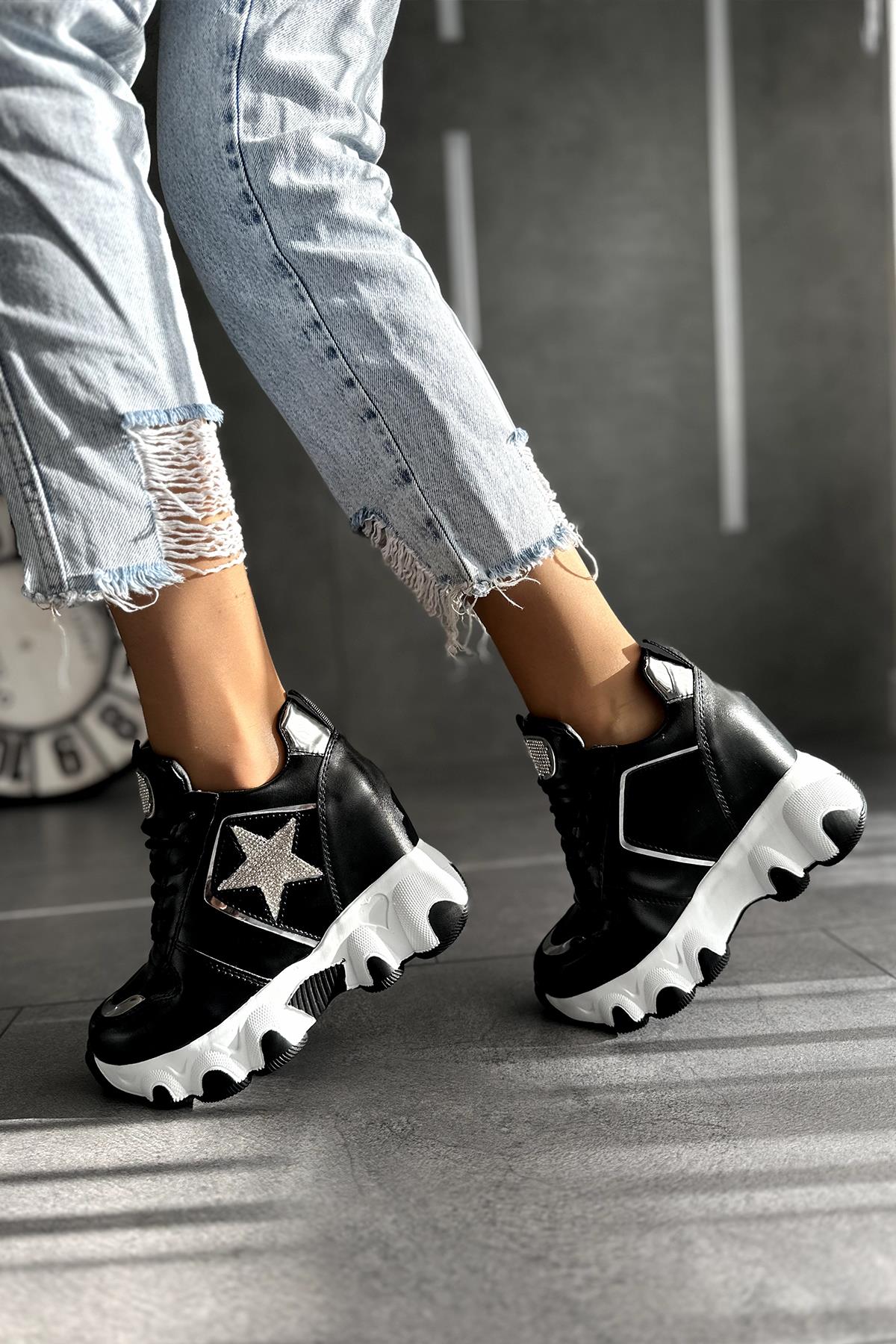 Modanizm Jevus Gizli Topuklu Siyah Spor Ayakkabı