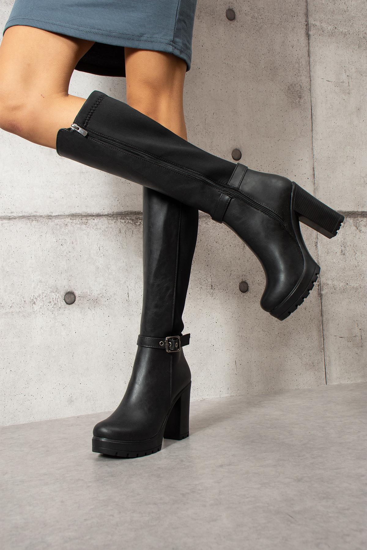 Modanizm Nixe Siyah Topuklu Deri Çizme