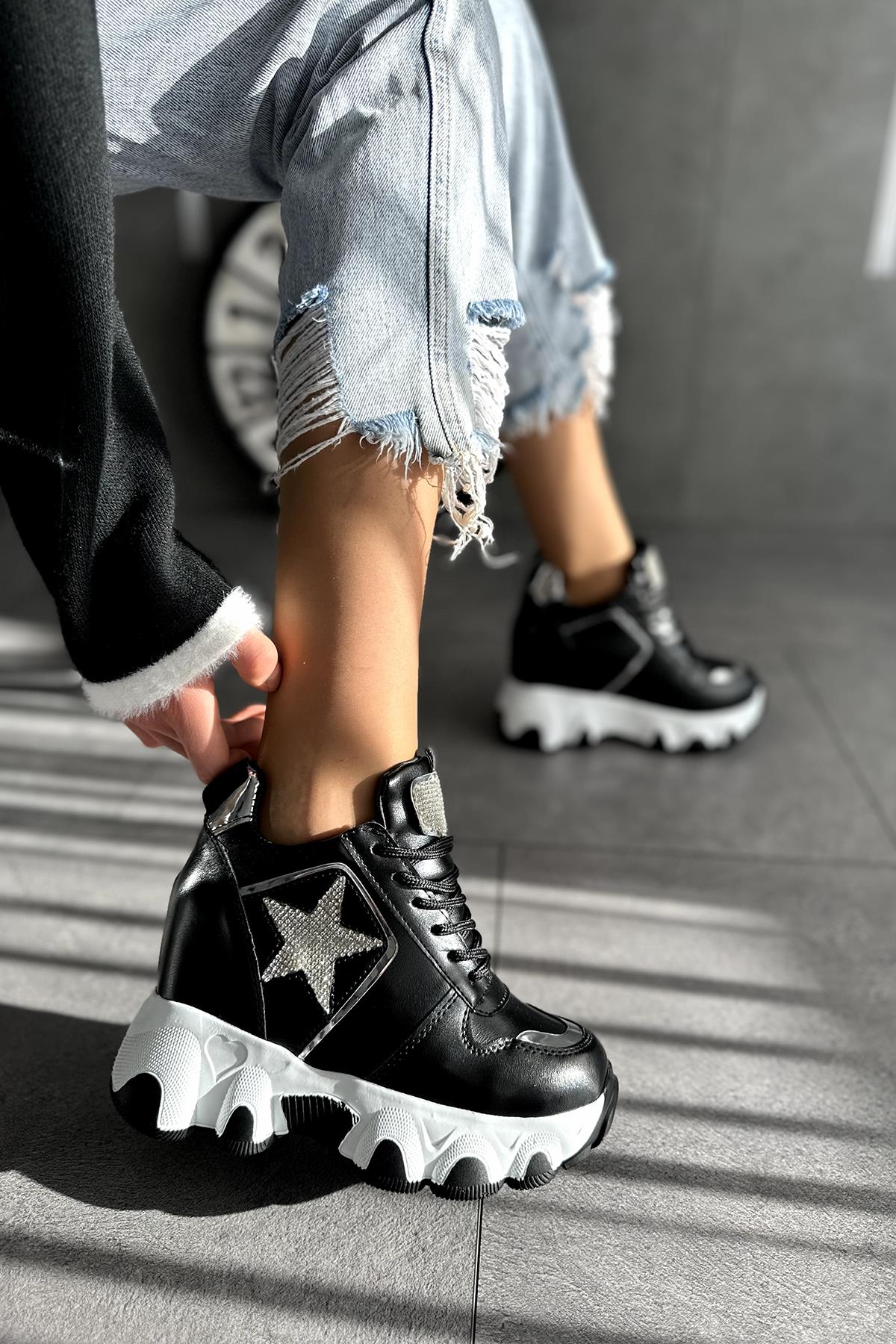 Modanizm Jevus Gizli Topuklu Siyah Spor Ayakkabı