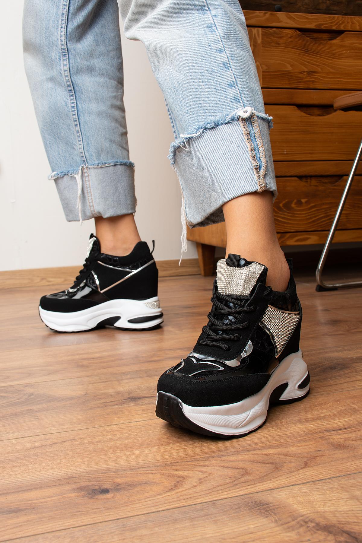 Modanizm Pucca Gizli Topuklu Siyah Süet Spor Ayakkabı