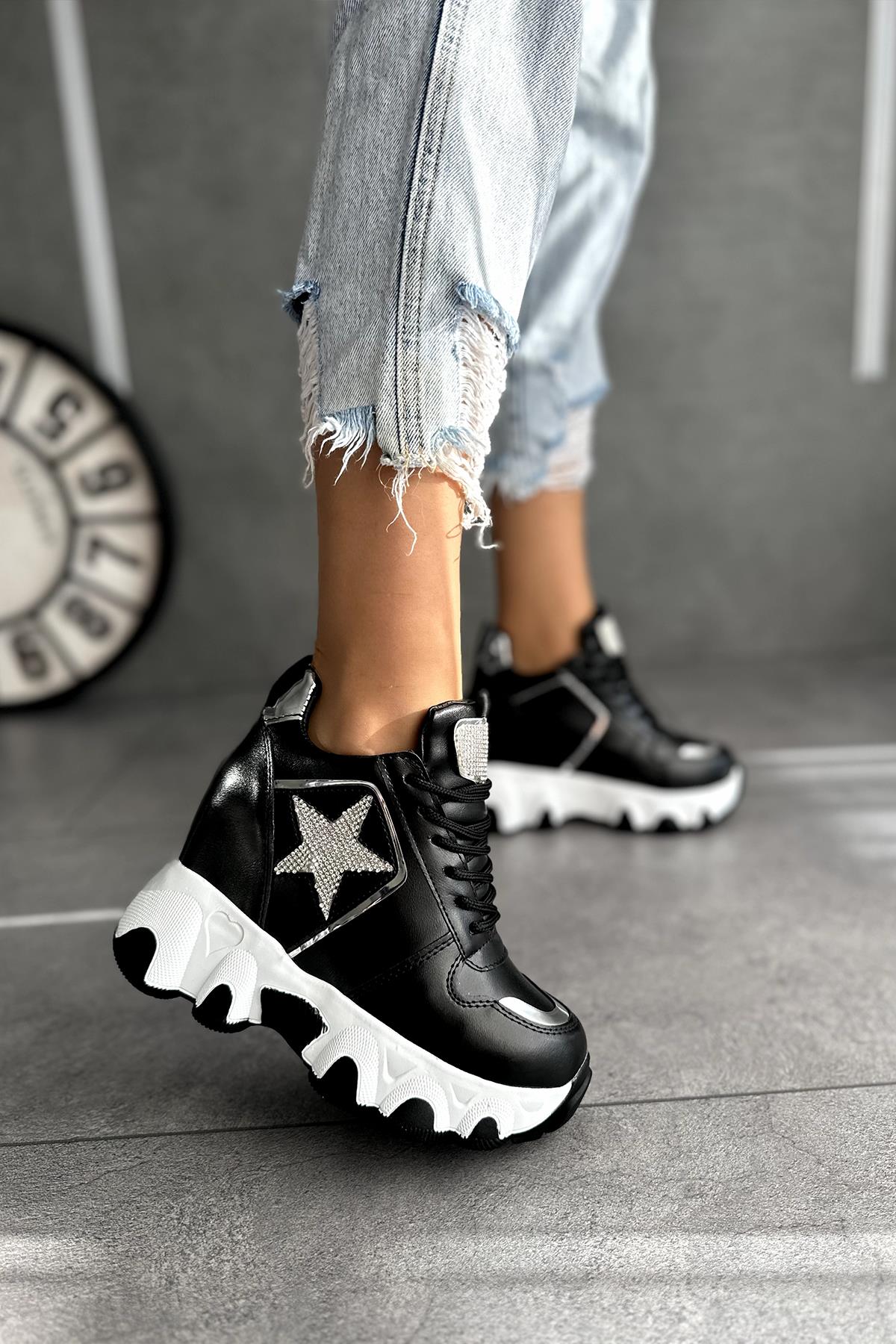 Modanizm Jevus Gizli Topuklu Siyah Spor Ayakkabı