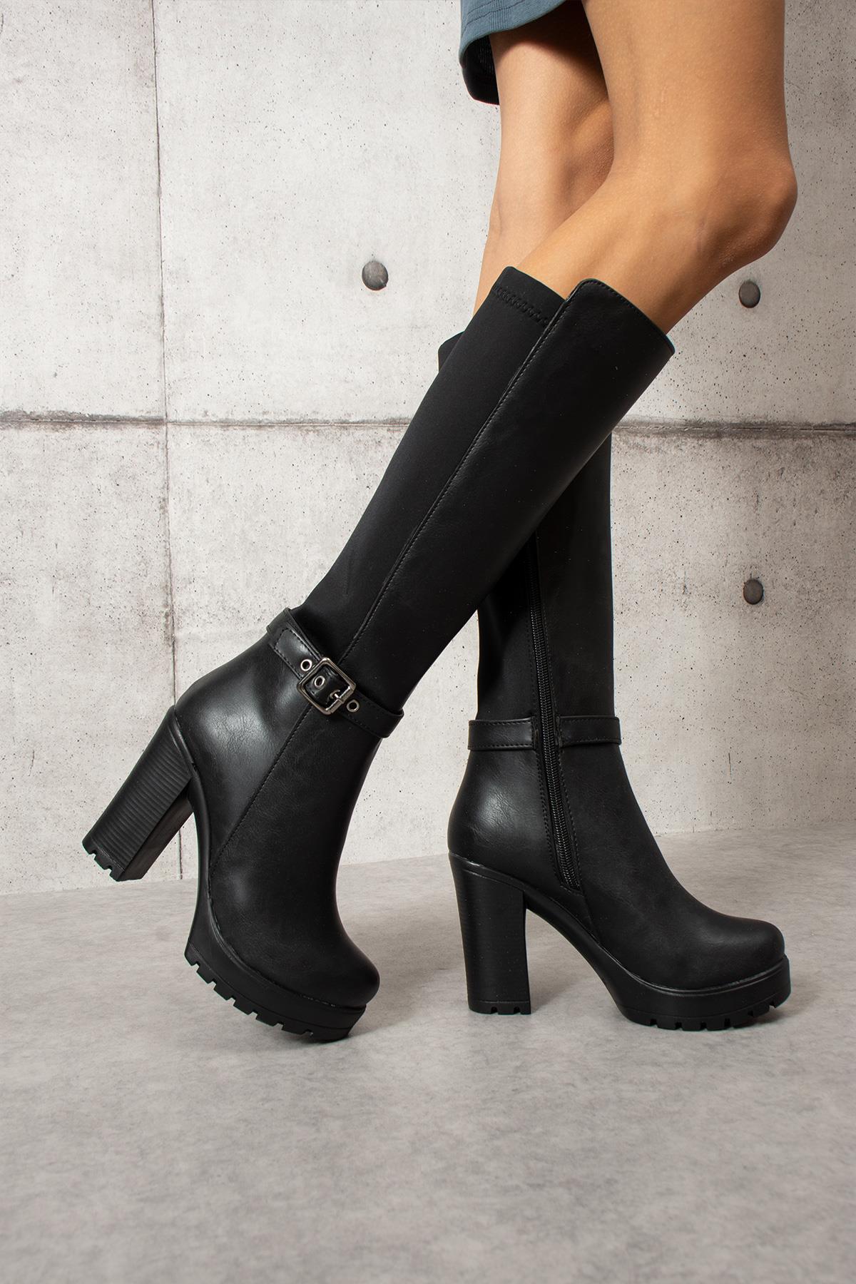 Modanizm Nixe Siyah Topuklu Deri Çizme