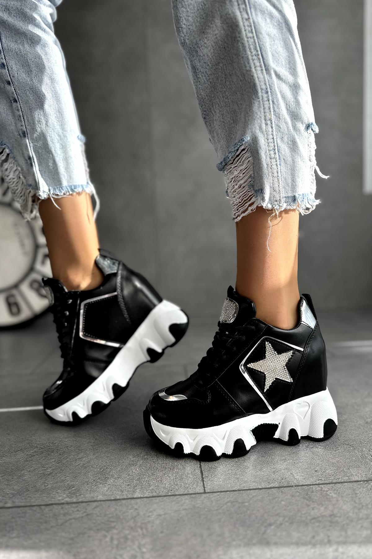 Modanizm Jevus Gizli Topuklu Siyah Spor Ayakkabı