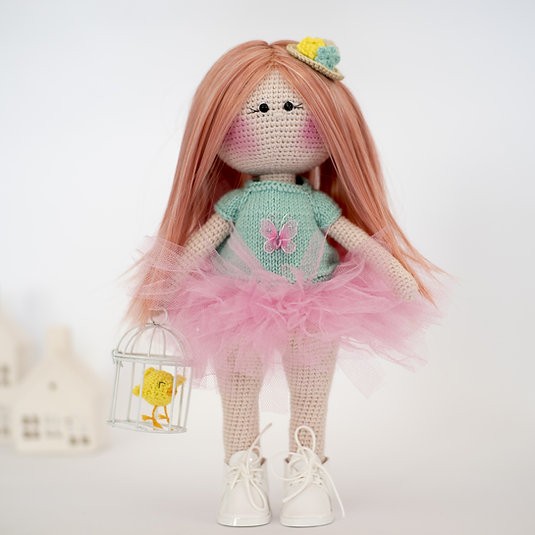 Amigurumi Örgü Bebek Çocuk Doğal Oyun Arkadaşı Oyuncak Kuş Kafesli Kız