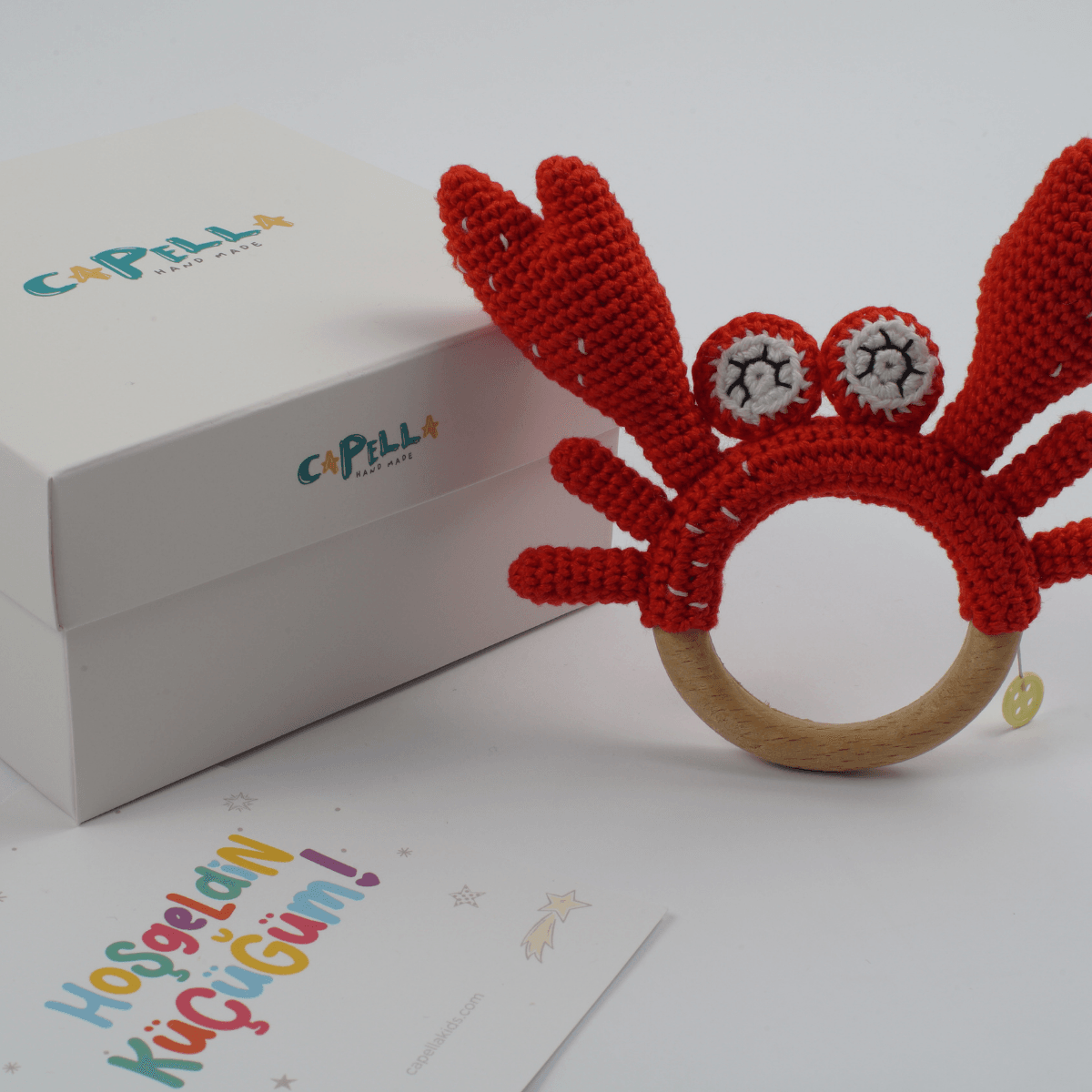 Yenidoğan Natural Bebek Amigurumi Hediyelik Set Şaşkın Yengeç Diş Kaşıyıcılı Uyku Arkadaşı, Patik ve Müslin Seti