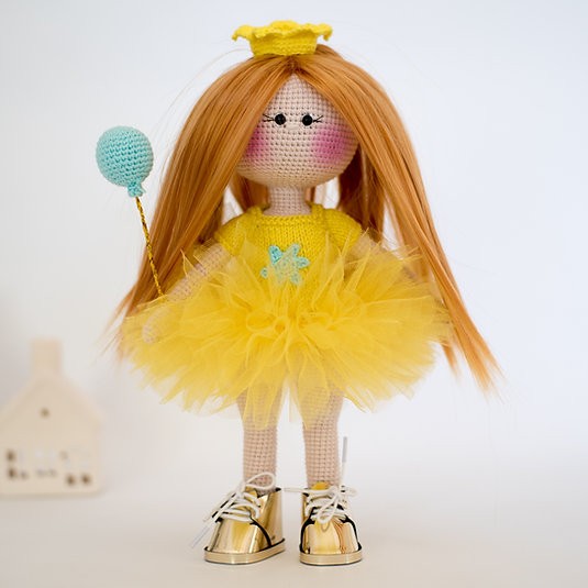 Amigurumi Örgü Bebek Çocuk Doğal Oyun Arkadaşı Oyuncak Sarı Elbiseli Kız