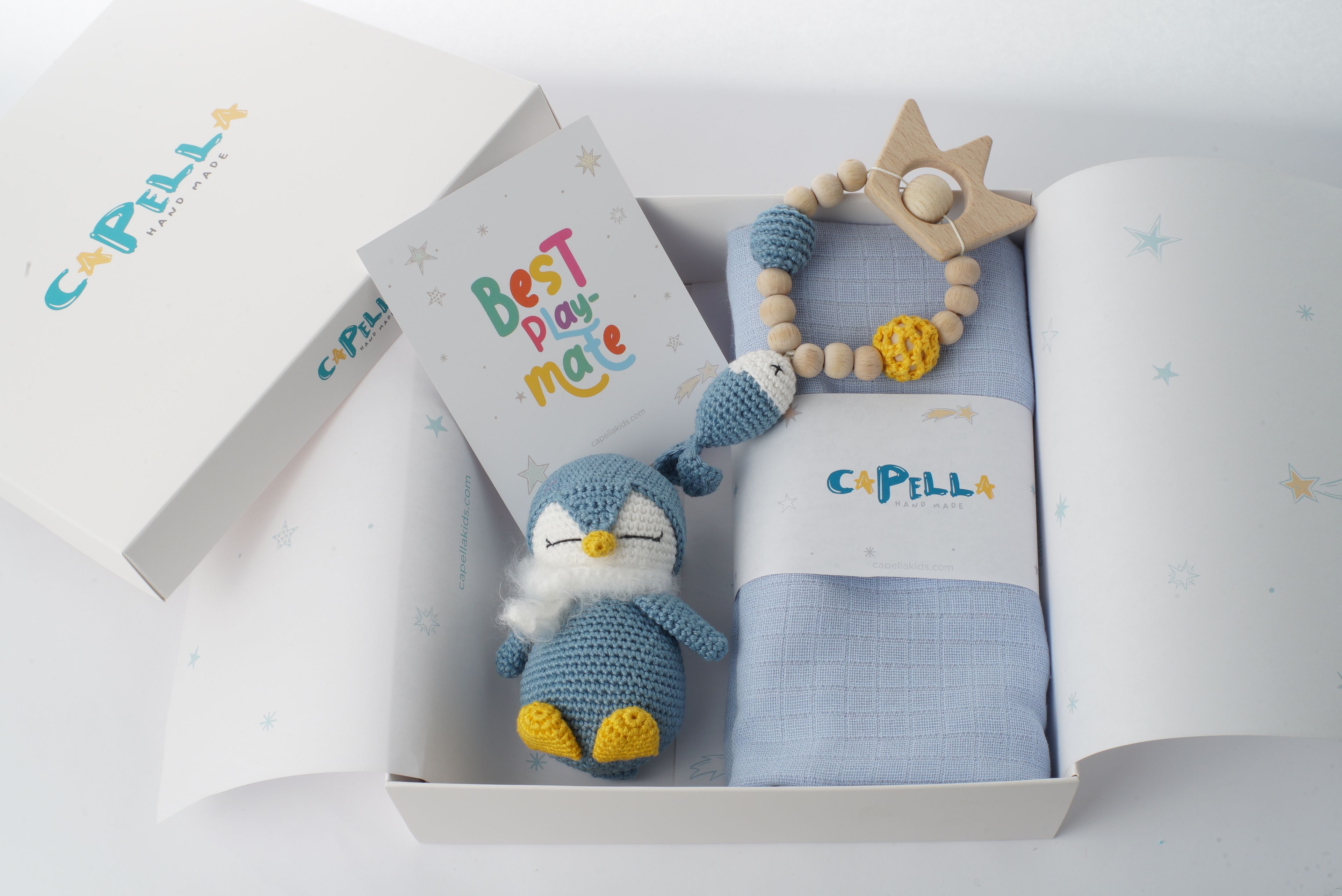 Yenidoğan Natural Bebek Amigurumi Hediyelik Set Mavi Penguen Oyun Arkadaşı, Bilezik ve Müslin Seti