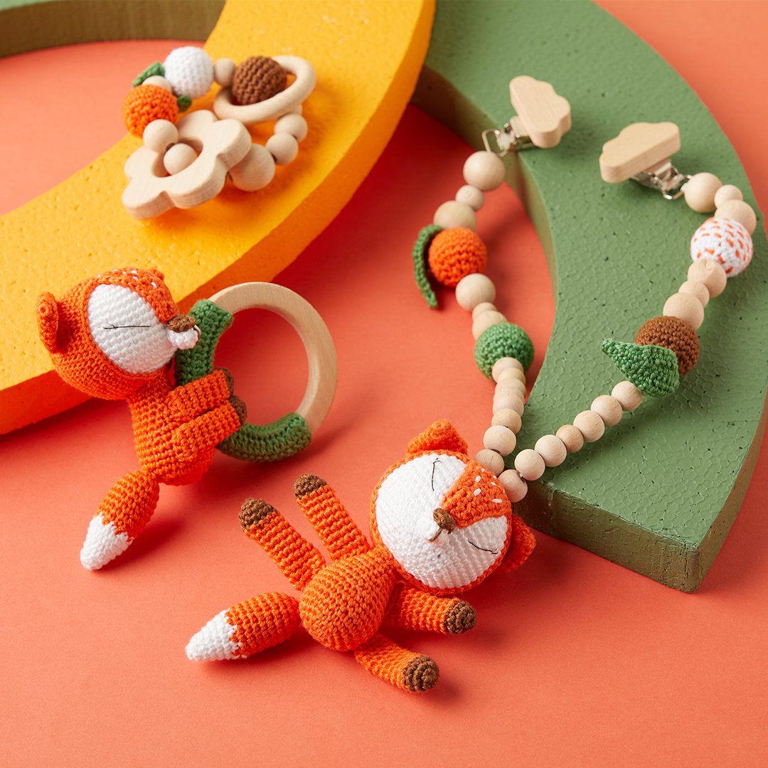 Yenidoğan Natural Bebek Amigurumi Hediyelik Set Kurnaz Tilki Diş Kaşıyıcı, Patik, Müslin