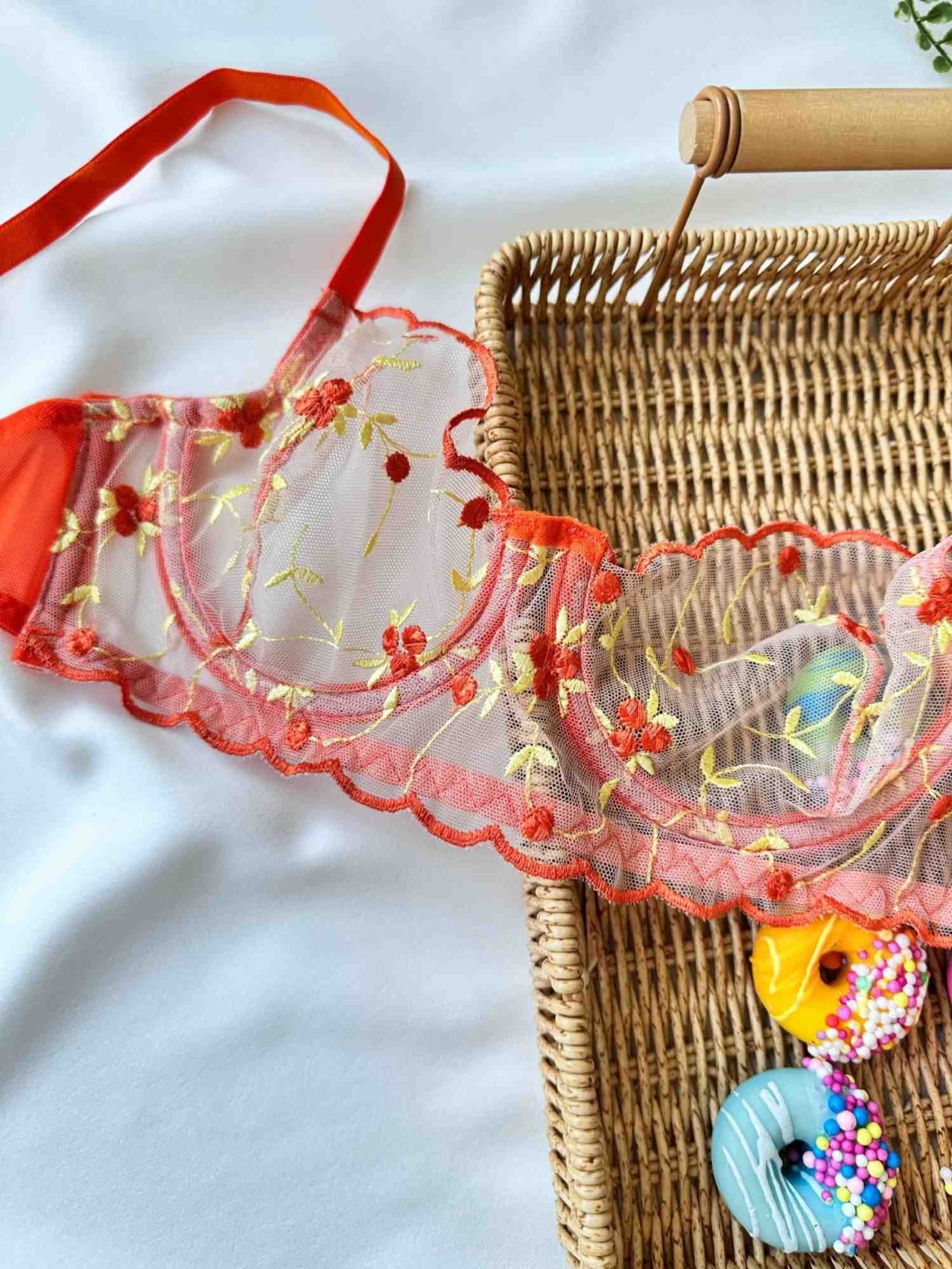 TURUNCU ÇITIR ÇİÇEK DESEN BRA SET