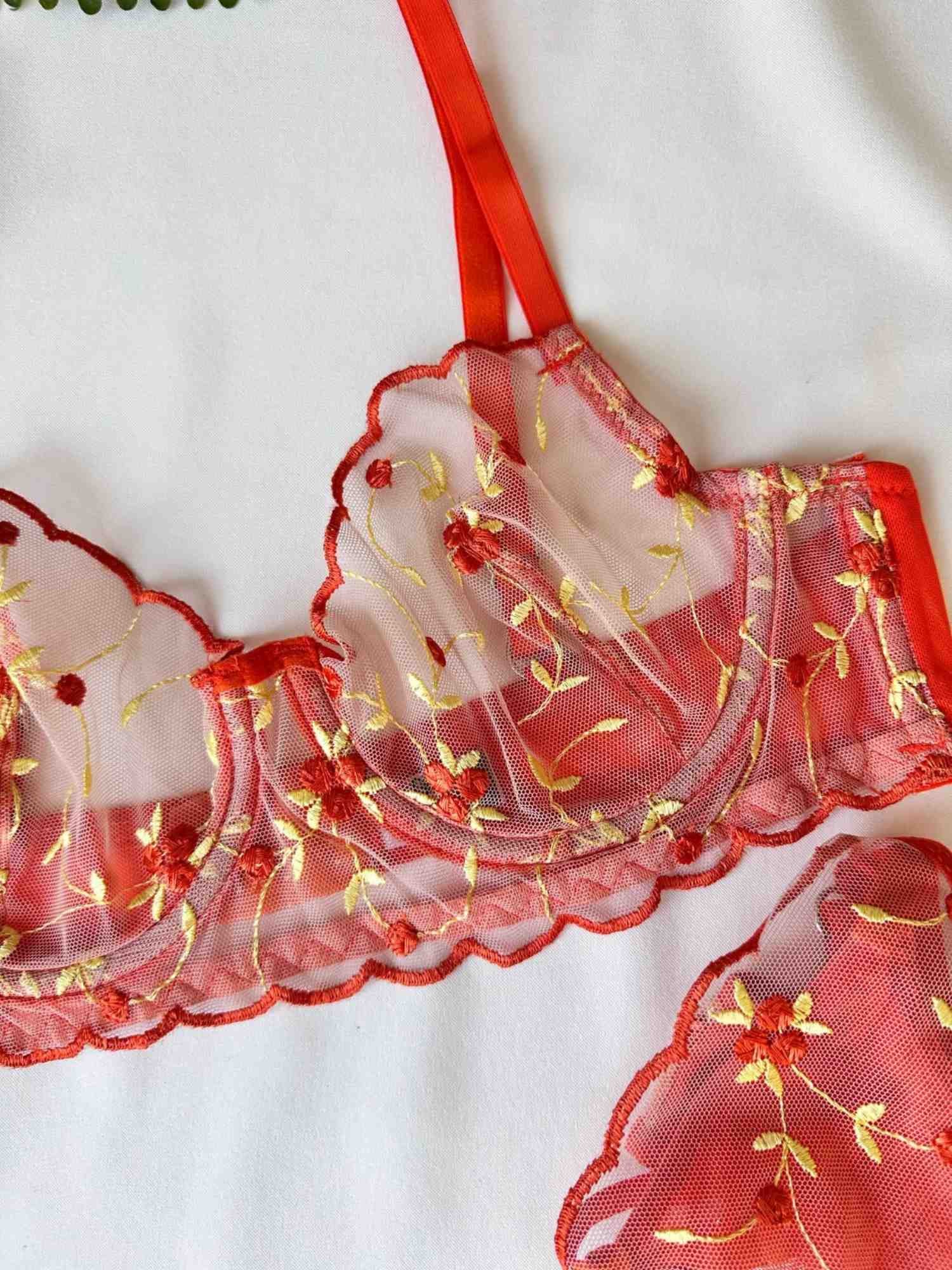 TURUNCU ÇITIR ÇİÇEK DESEN BRA SET